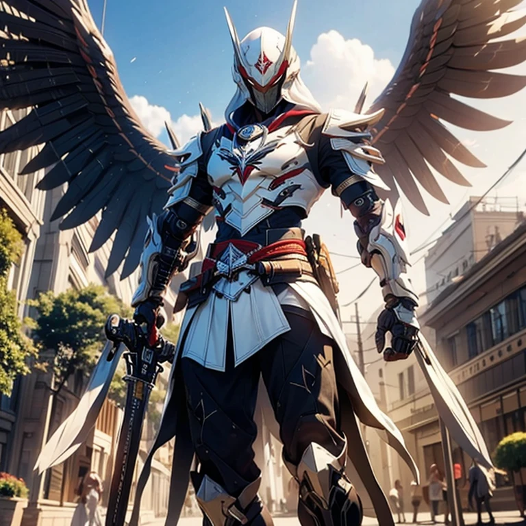 White hood,male people,hidden blade,Eagle beak hood,armor,White cloak,assassins creed,sci-fy,Long Gun,a shield,masked,helmet under hood,Mechanical wings,Skirt,Skirt armor