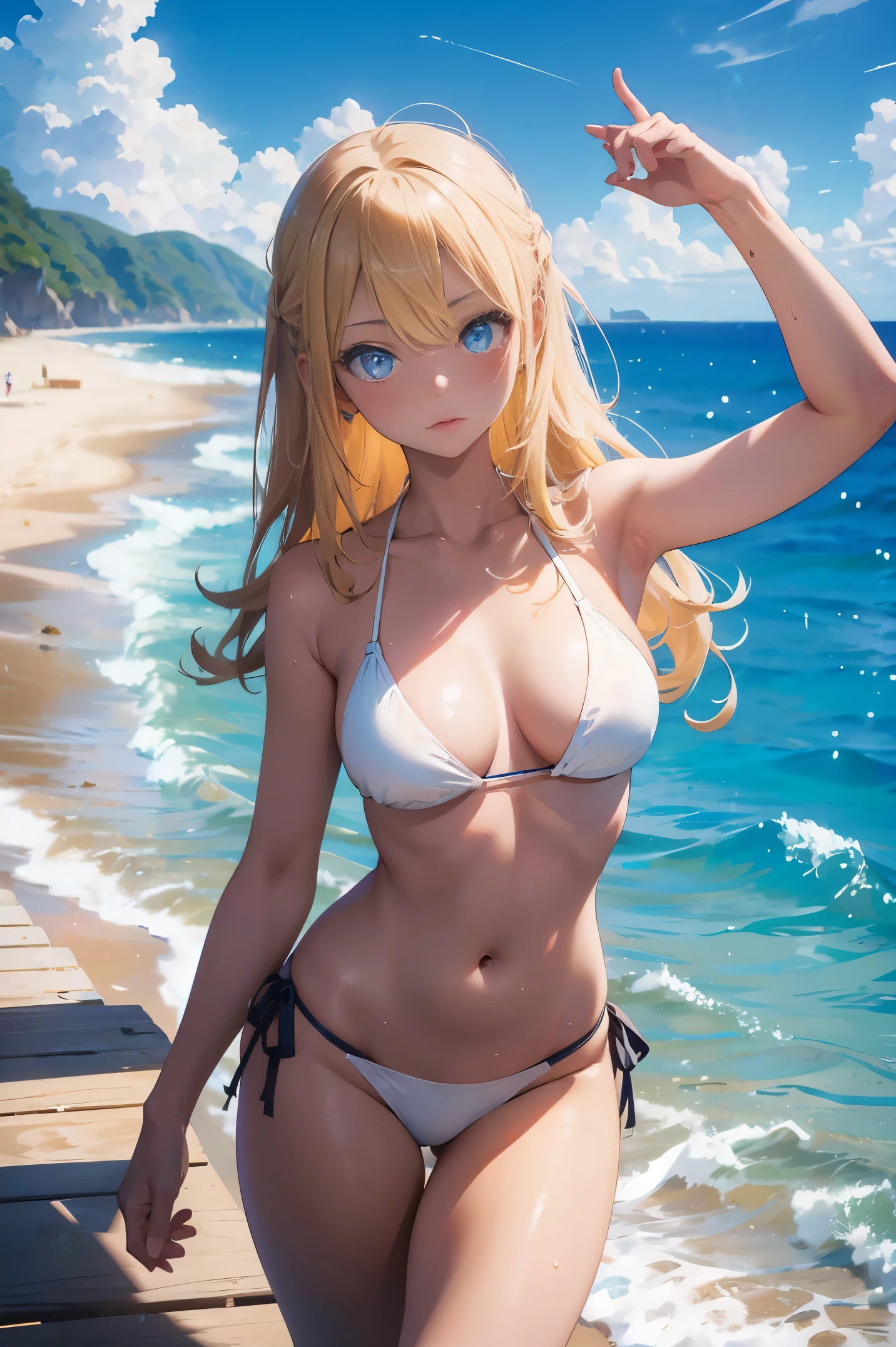 anime character, girl, 18 years old, gyaru, black skin, blonde hair, blue eyes, white bikini, on beach, 4k