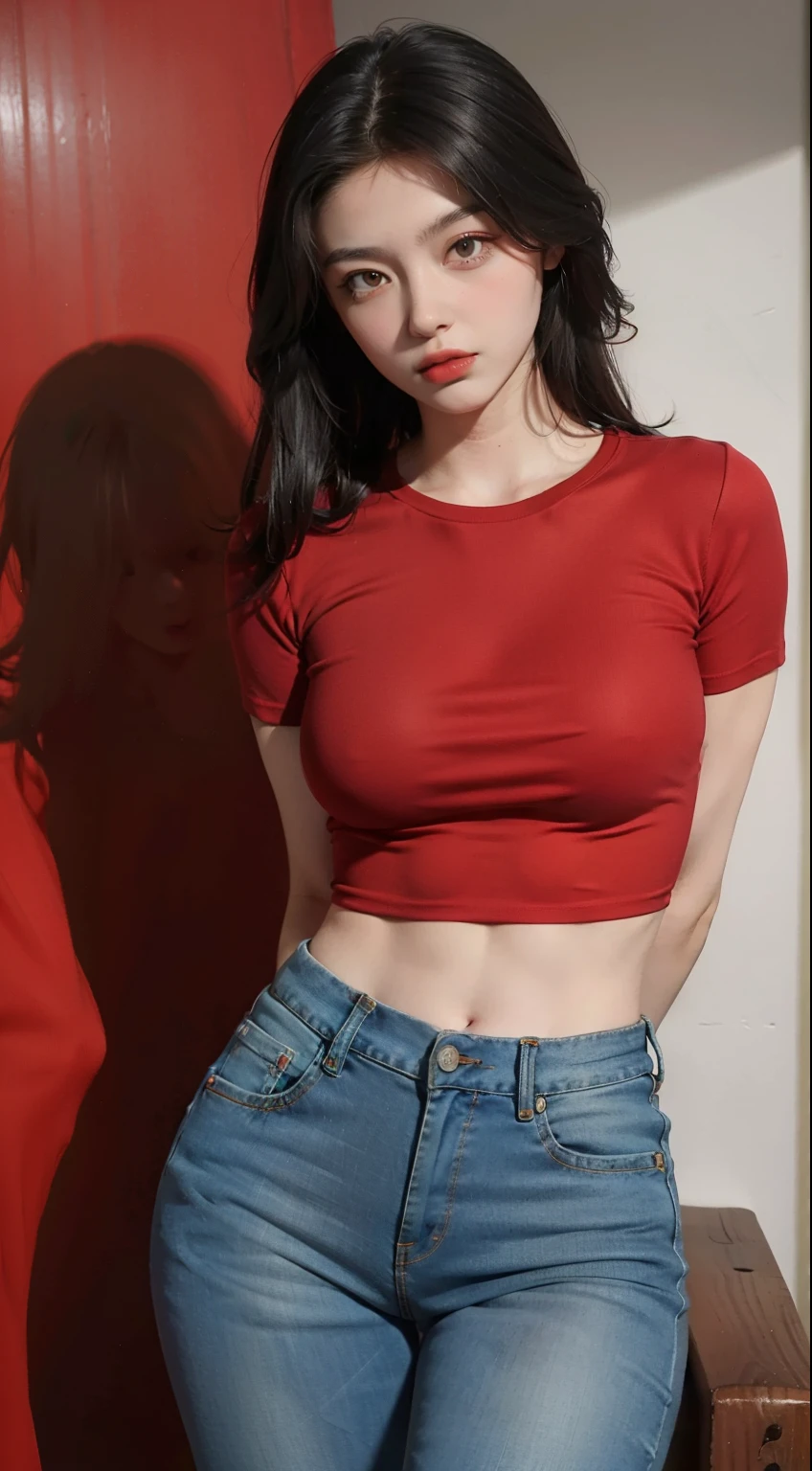 Girl posing for photo in red the good and tight denim, Place your arms behind your back, full bodyesbian, Underboob T-shirt, the good, slimfigure, Smaller bust, Slim girl model, 18-year-old female model,