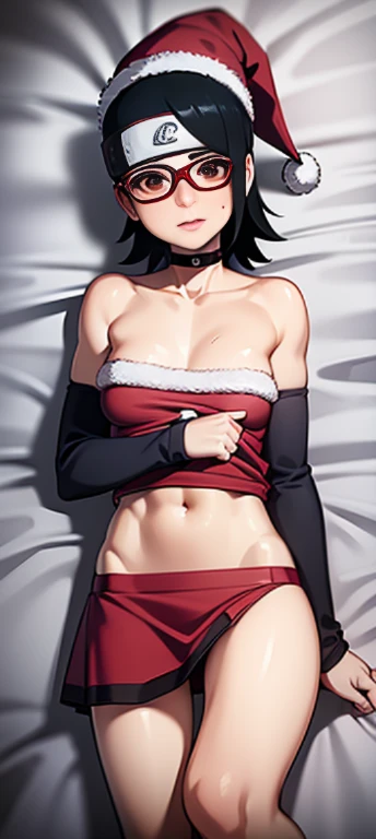 masterpiece, absurdres, 1 age girl, Age 15 old. Sarada\(boruto], black hair, floating hair, shoulder length hair, hair tied in ponytail, Flower ribbon on her hair. wind. masterpiece, absurdres , (intricate details), (colorful),cinematic lighting,bust shot,extremely detailed CG unity 8k wallpaper 1girl, solo, Christmas Hat, Santa style Bra, Santa style Skirt, Santa style Socks. Black heels. Bedroom Background, lying on bed or sleeping position. snow falling. Sarada Attractive looking. athletic Abs detailed, biceps triceps pumped up, body sweat glow, sweat on her body, Slutty Wide hips, (Medium Breast) [Beautiful Curvy butt]. Heart shaped Lips, Painted Lips shine. detailed eyes, blushed, Adorable Facial, looking at viewer. Frameless glasses, choker. Detailed Red eyes