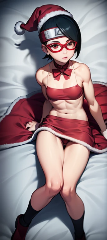 masterpiece, absurdres, 1 age girl, Age 15 old. Sarada\(boruto], black hair, floating hair, shoulder length hair, hair tied in ponytail, Flower ribbon on her hair. wind. masterpiece, absurdres , (intricate details), (colorful),cinematic lighting,bust shot,extremely detailed CG unity 8k wallpaper 1girl, solo, Christmas Hat, Santa style Bra, Santa style Skirt, Santa style Socks. Black heels. Bedroom Background, lying on bed or sleeping position. snow falling. Sarada Attractive looking. athletic Abs detailed, biceps triceps pumped up, body sweat glow, sweat on her body, Slutty Wide hips, (Medium Breast) [Beautiful Curvy butt]. Heart shaped Lips, Painted Lips shine. detailed eyes, blushed, Adorable Facial, looking at viewer. Frameless glasses, choker. Detailed Red eyes