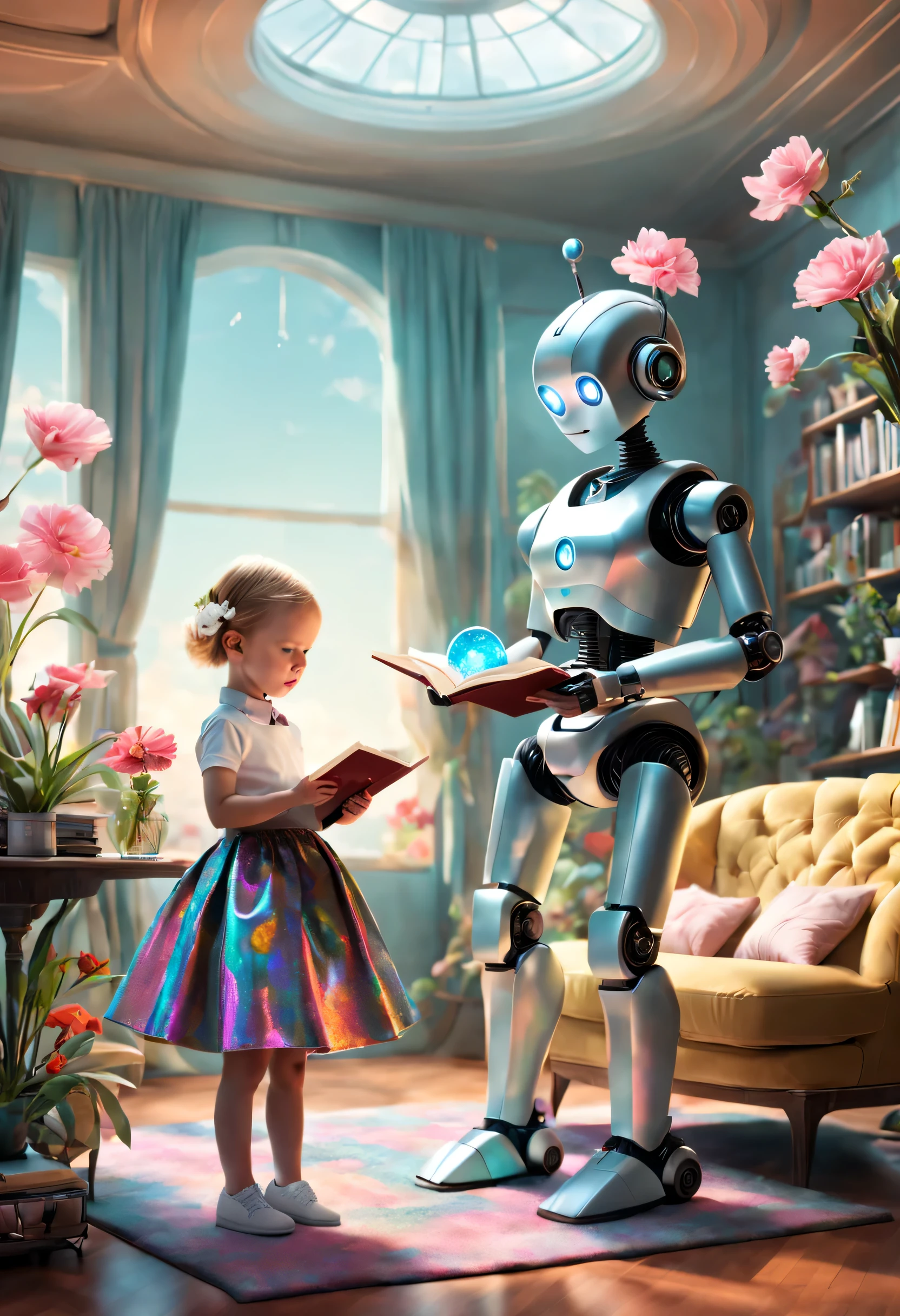 Retro-Future, Robot butler wears holographic retro skirt and reads to real baby, In a surreal living room，There are strange flowers inside