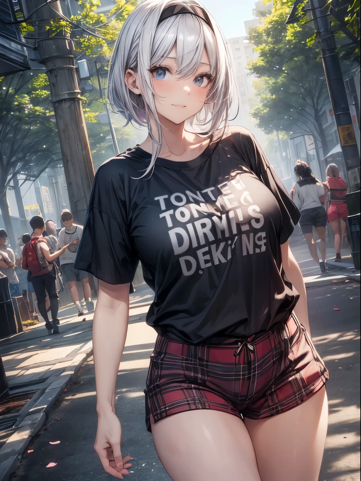 top-quality、Full limbs、complete fingers、Slender beauty、a 25yo woman、(Silver-haired woman)、short-hair、Beautiful Large Breasts、((Black short-sleeved T-shirt))、((red and black plaid shorts))、Black High Socks、A big smile、a park、Dancing