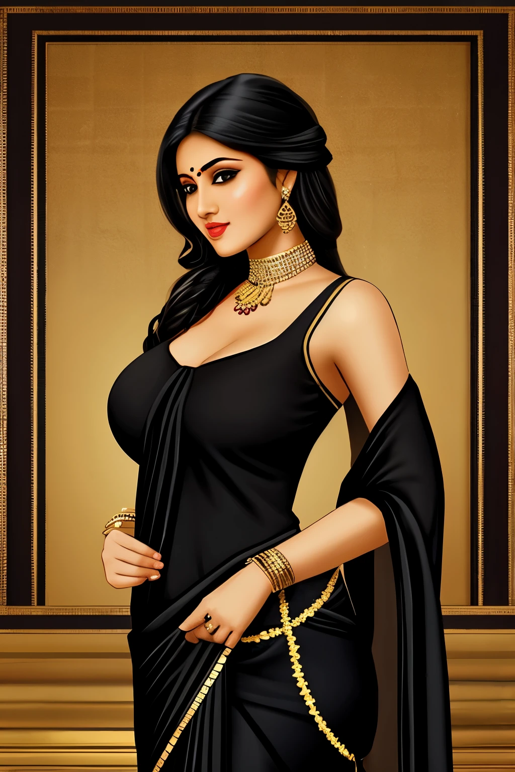 Digital art India traditional girl. Wearing black dress  saree Fuly . And big boobs structures