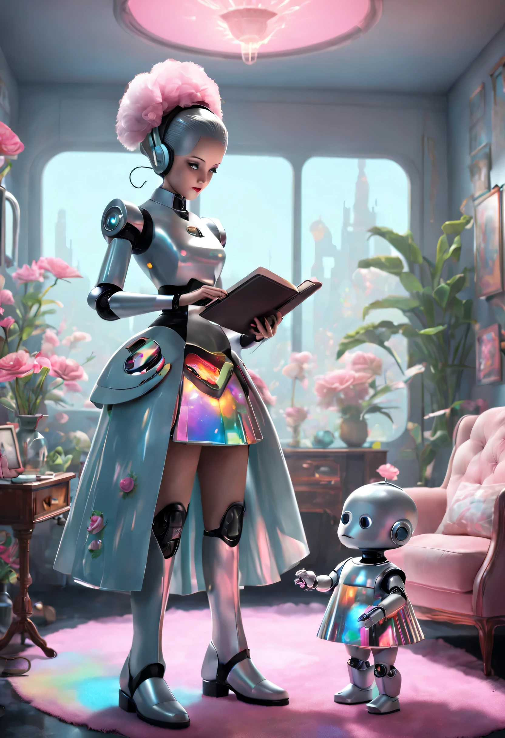 Retro-Future, Robot butler wears holographic retro skirt and reads to cute human baby, Located in a surreal living room，There are strange flowers inside