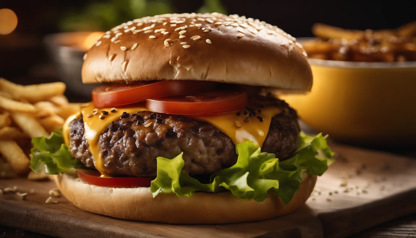 a top-down shot of a cheeseburger on a rustic wooden table, with sesame seeds sprinkled on the bun and a side of crispy golden fries, creating a classic American diner aesthetic