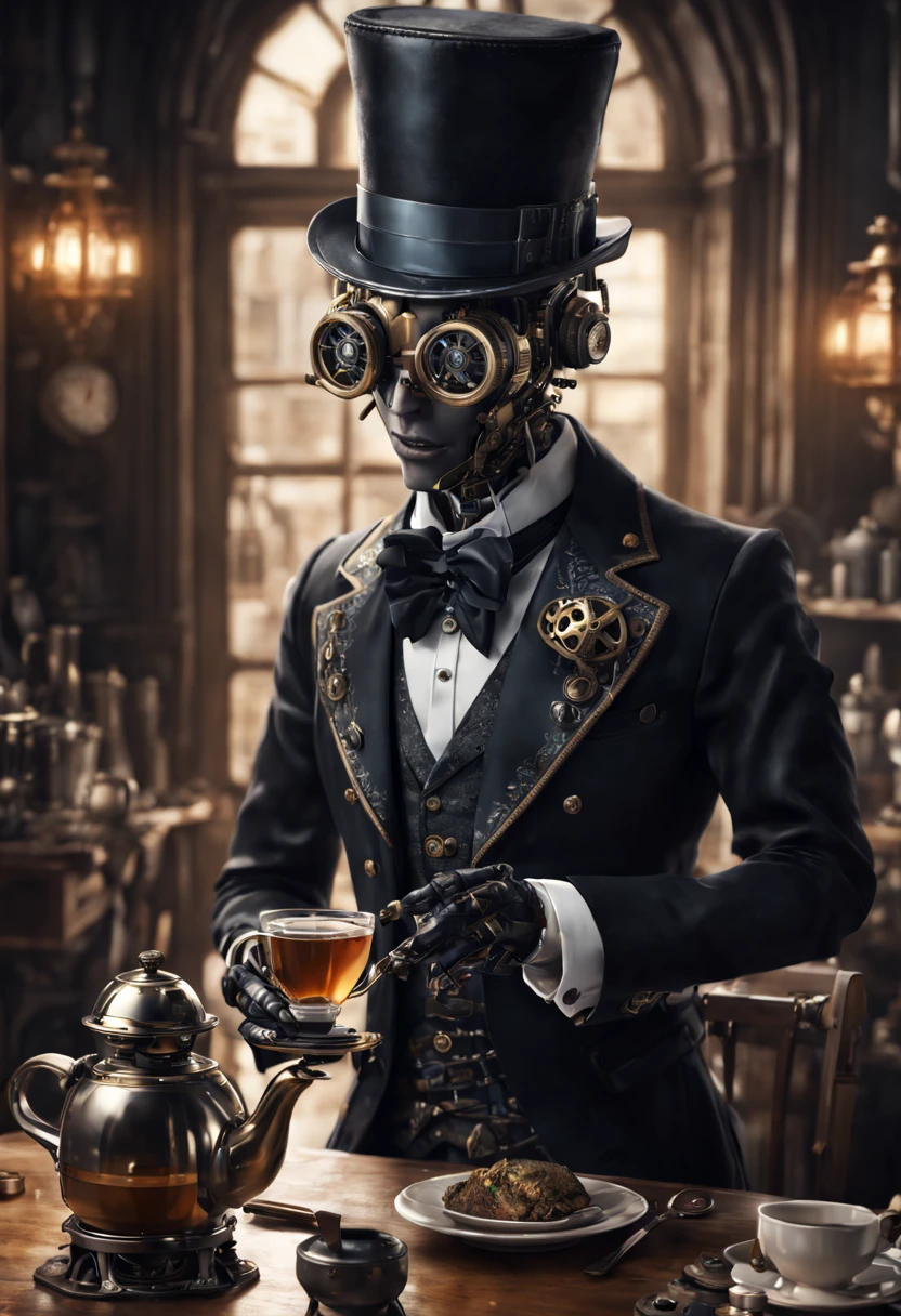 Sebastian from Black Butler as a handsome steampunk robot serving tea, intricate mechanics and elegant gears, photo-realistic. detailed matte painting, deep color, fantastical, intricate detail, splash screen, complementary colors, fantasy concept art, 8k resolution trending on Artstation Unreal Engine 5