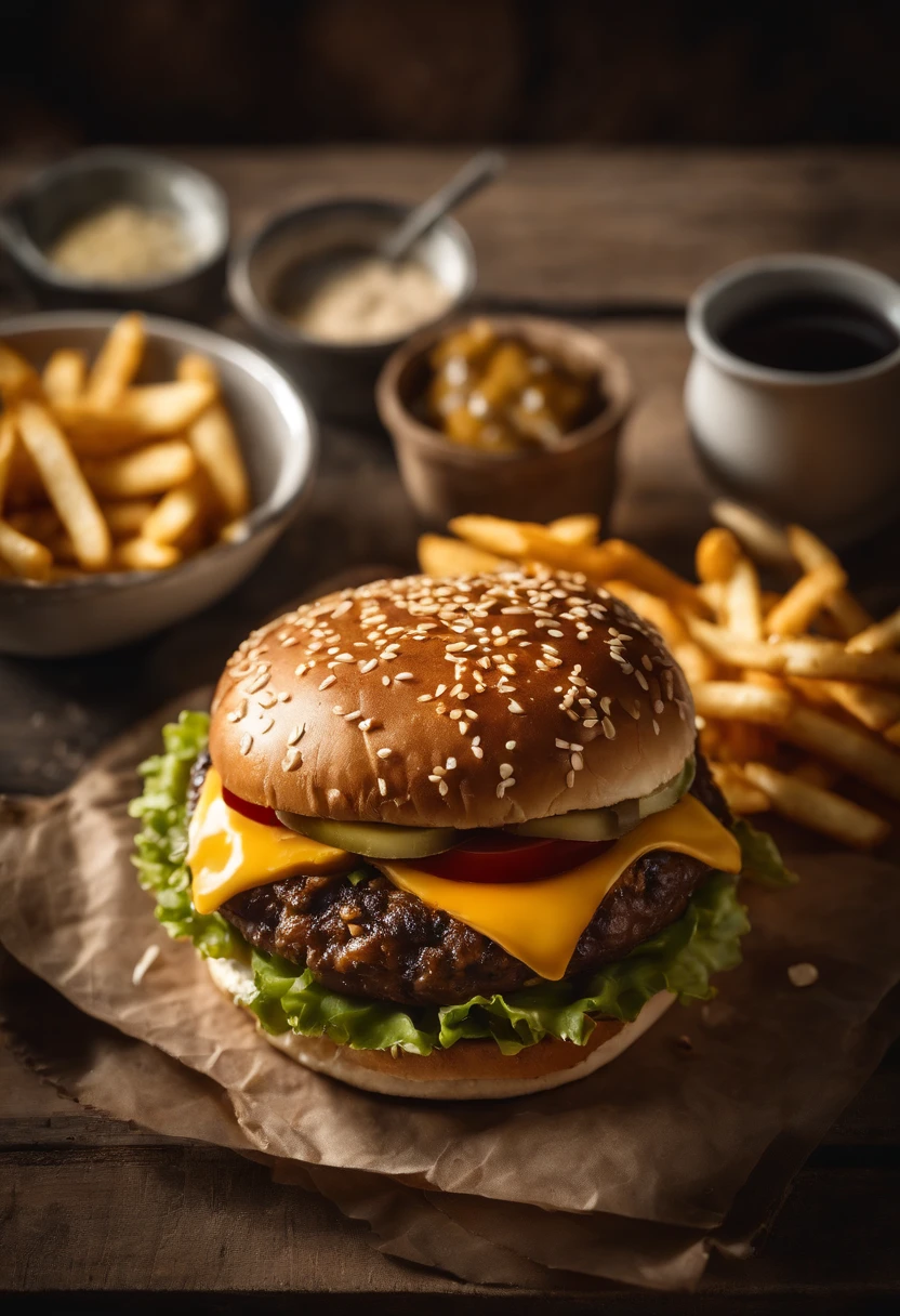 a top-down shot of a cheeseburger on a rustic wooden table, with sesame seeds sprinkled on the bun and a side of crispy golden fries, creating a classic American diner aesthetic