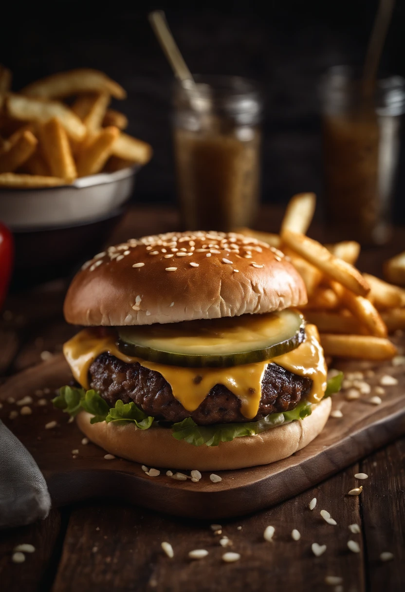 a top-down shot of a cheeseburger on a rustic wooden table, with sesame seeds sprinkled on the bun and a side of crispy golden fries, creating a classic American diner aesthetic