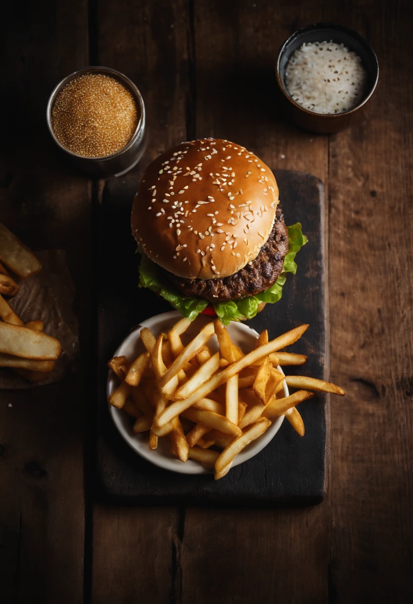 a top-down shot of a cheeseburger on a rustic wooden table, with sesame seeds sprinkled on the bun and a side of crispy golden fries, creating a classic American diner aesthetic