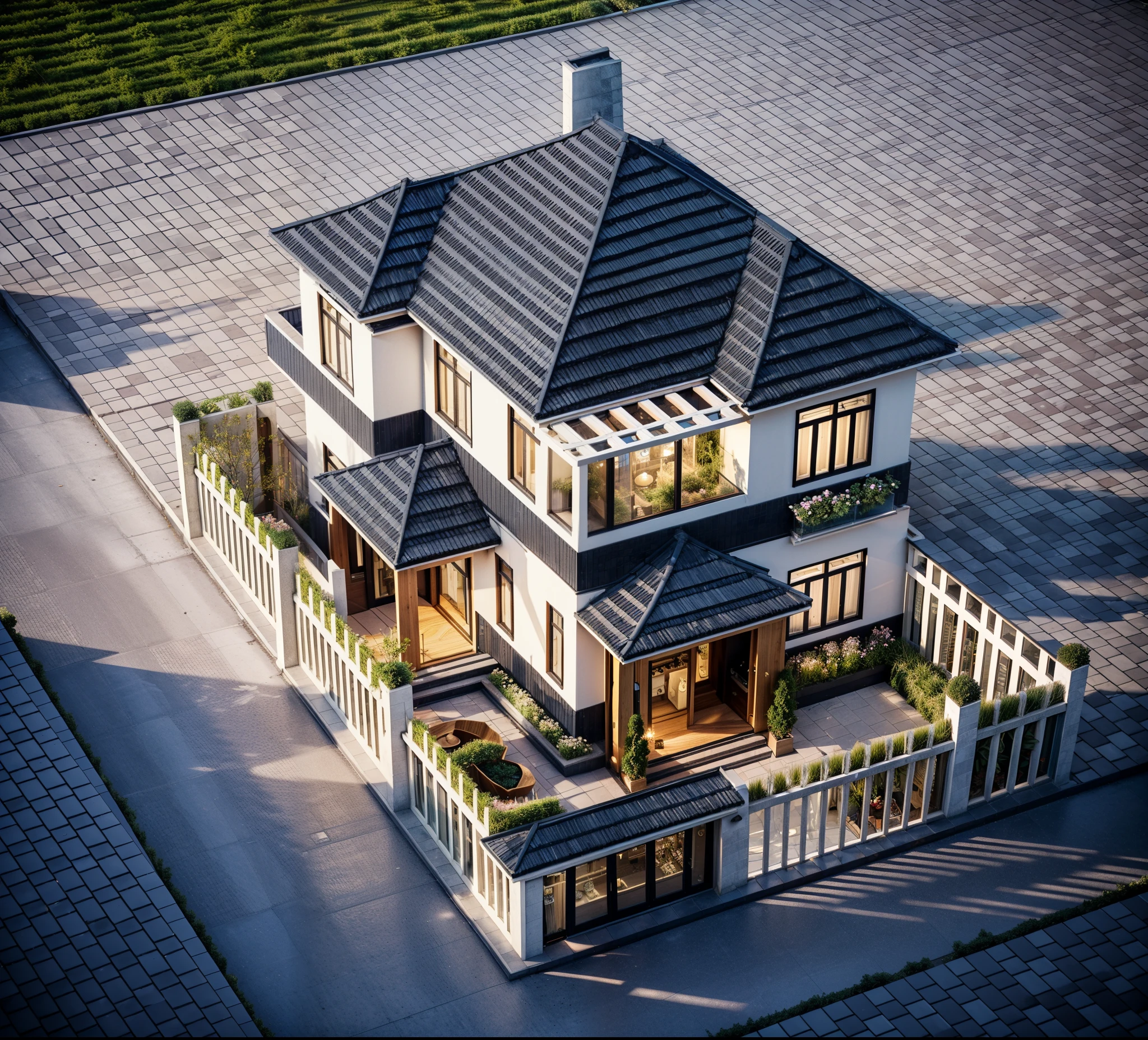 When designing townhouses in Vietnam, (hip and valley roof), (level 4 house:1.1), (aerial view:1), {|dark blue| roof} (white wall:1.2), (roof tile:0.8), (hip roof), {Neoclassical villa |garden landscape|}, it  important to create a visually pleasing exterior design that seamlessly integrates with the  landscape. Incorporate traditional design motifs, such as latticework or decorative tiles, to add a sense of cultural identity to the exteriors. Consider creating small pocket parks or communal spaces between townhouses to foster a sense of community and promote social interaction. Consider incorporating signage that reflects the overall design concept and adds a sense of identity to the townhouses. Rooftop Utilization: Maximize the use of rooftop spaces by creating communal areas, gardens, or terraces. This could include the use of traditional patterns, colors, or architectural elements that resonate with the local community and create a sense of place. (((Best Quality:1.5))), ((Masterpiece)), ((best illustration)), ((best shadows)), ((Super Detail:1.5)), (Intricate lines:1.5), (Photorealism:1.5),(hyper detail:1.5), ((archdaily)), ((award winning design)), (dynamic light:1.5), ((day)), (perfect light:1.5), (shimering light:1.5), (hidden light:1.5), ((photorealistic)), ((FKAA, TXAA, RTX, SSAO)), ((Post Processing)), ((Post-Production)), ((CGI, VFX, SFX)), ((Full color)), ((Sony A7R IV - 61 MP Exmor R CMOS full frame 35mm 61.0 Megapixel)) ,((Unreal Engine 5)), ((intricate detail)), ((extreme detail)), ((science)), ((hyper-detail)), ((super detail)), ((super realistic)), ((crazy detail)), ((octane render)), ((Cinematic)), ((trending on artstation)), ((High-fidelity)), ((Viwvid)), ((Crisp)), ((Sharp)), ((Bright)), ((Stunning)), ((Likelife:1.5)), Natural, ((Eye-catching)), ((Illuminating)), ((Flawless)), ((High-quality)),((Sharp edge render)), ((medium soft lighting)), ((photographic render)), ((detailed archviz))