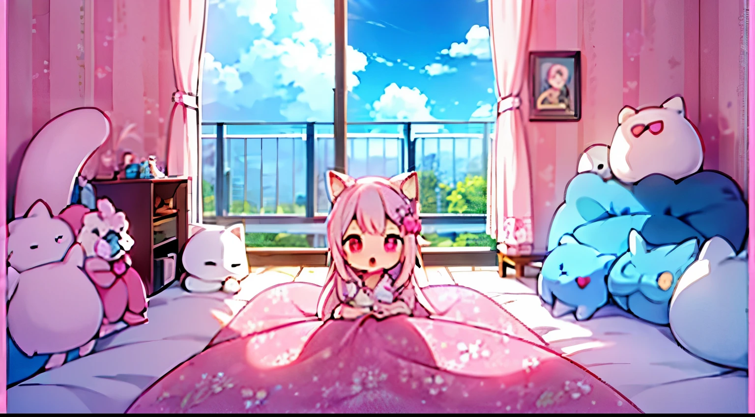 anime scene of a cute maid wearing pijama, girl sitting in a bed, girl is yawning, with a lot of stuffed animals, pink eyes, pink 2 tail hairs, background is morning blue sky, still little dark, sun go up, blue sky, sun go up, lightly soft light of morning through window, bedrooms with pink and white color, blanket is pink with cute drawing on it