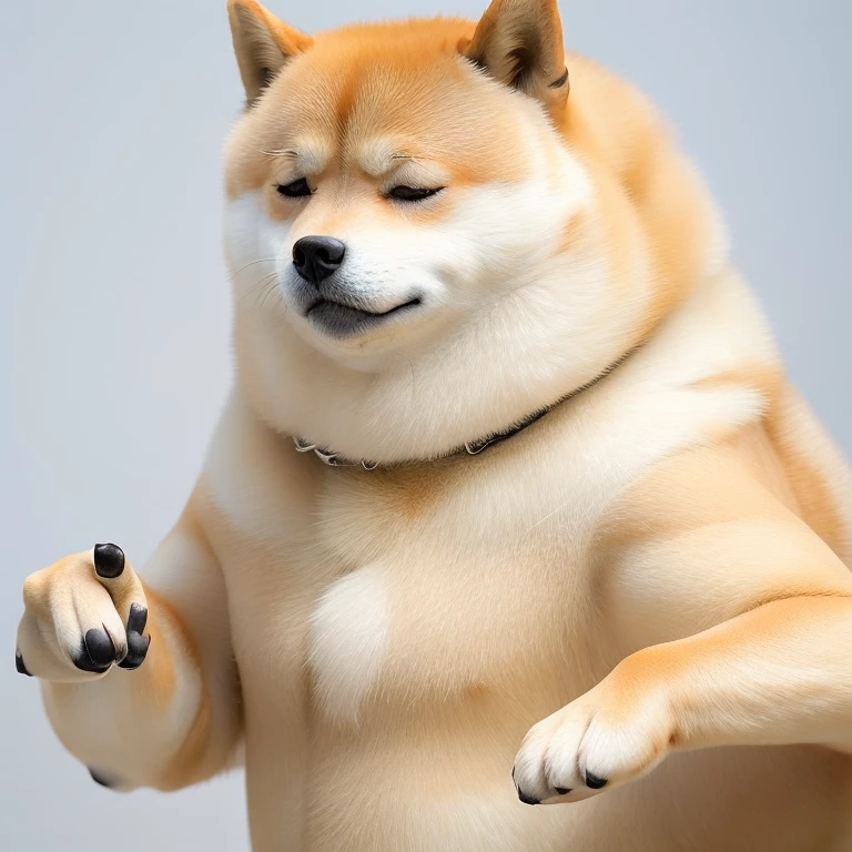 Closed eyes,Solo,a professional photo of [(((buff Swoledoge))):buff Swoledoge:1.2], grinning, dog body,cinematic dramatic light, smooth transition, bokeh,simple background,looking at viewer,wave her hand
