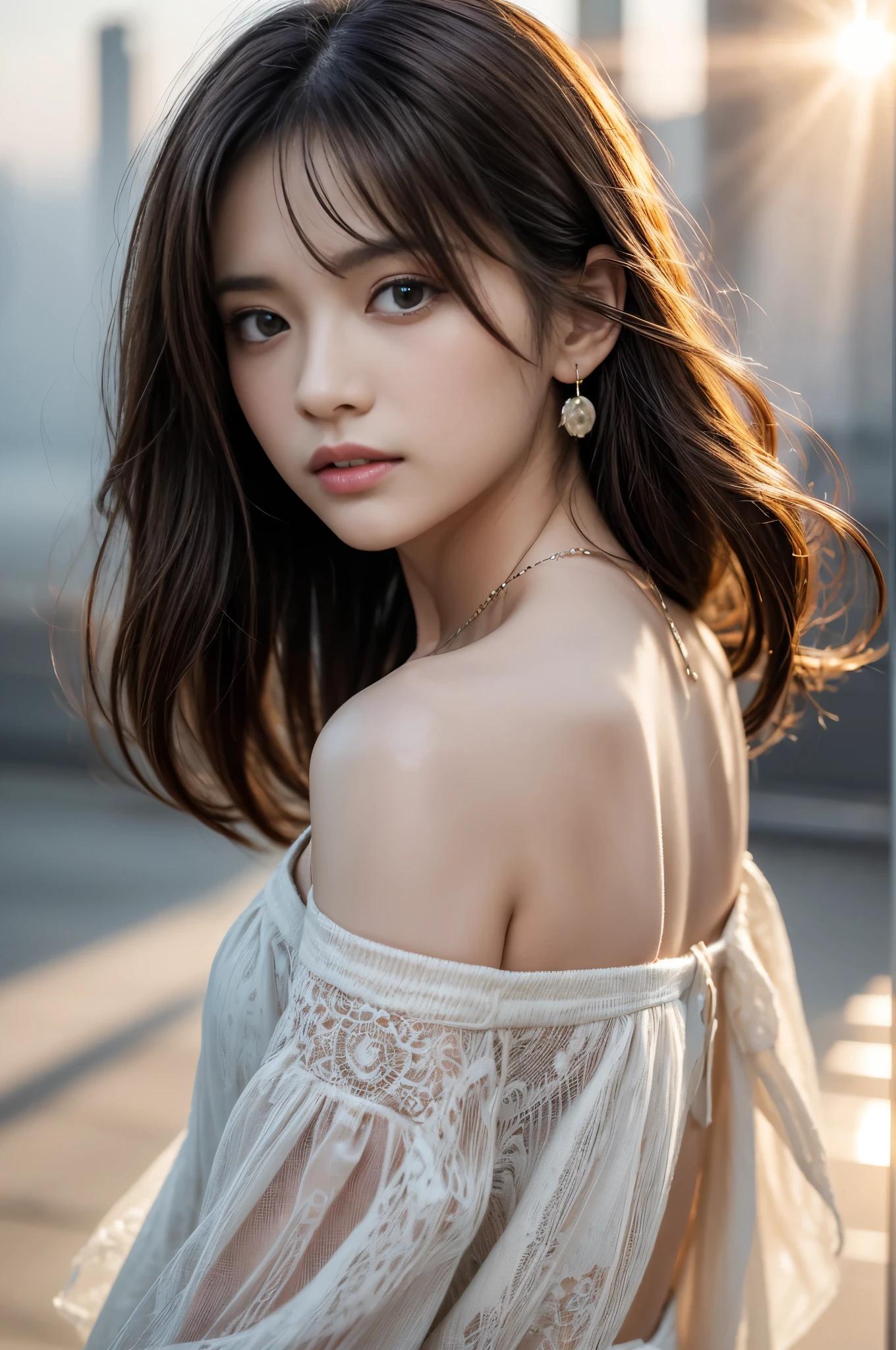 (Photoreal Stick:1.5, masutepiece:1.5, 8K), (top-quality, masterpiece, 超A high resolution), ((fog the lens:1.5)), ((reflect light onto the lens:1.5)), ((Shoot with blur:1.6)), (The woman looks hazy because of the bright light.:1.7, The whole thing looks white and hazy:1.7), (sunrises, Sunlight coming in from behind:1.5, The sunlight of the morning sun spreads across the screen:1.5), Face Sharp Focus:1.3, Professional camera work:1.3, Highly detailed skin and facial texture:1.3, Grow Light Effect, The ultra-detailliert:1.3, 1girl in, Fair skin, (Sense of clarity:1.4, a small face), Extremely beautiful face:1.5, (Sense of clarityを感じる目:0.9, looking distantly), Enraptured look:1.0, i love you completely:0.8, (Slightly open mouth:0.4, Sense of clarityを感じる口当たり:0.7), 二重まぶた, Dark brown medium hair, necklace and earrings