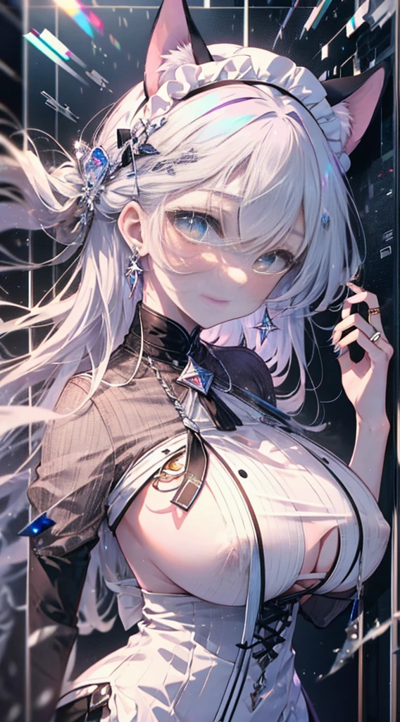 nsfw, 1 girl, (heterochromatic eyes, the right blue and the left red), long white hair, white cat ears, maid outfit, (topless, visible breasts, huge breasts, exposed breasts, visible nipples), serious expression, thong, looking at spectator, hands behind his back, room.