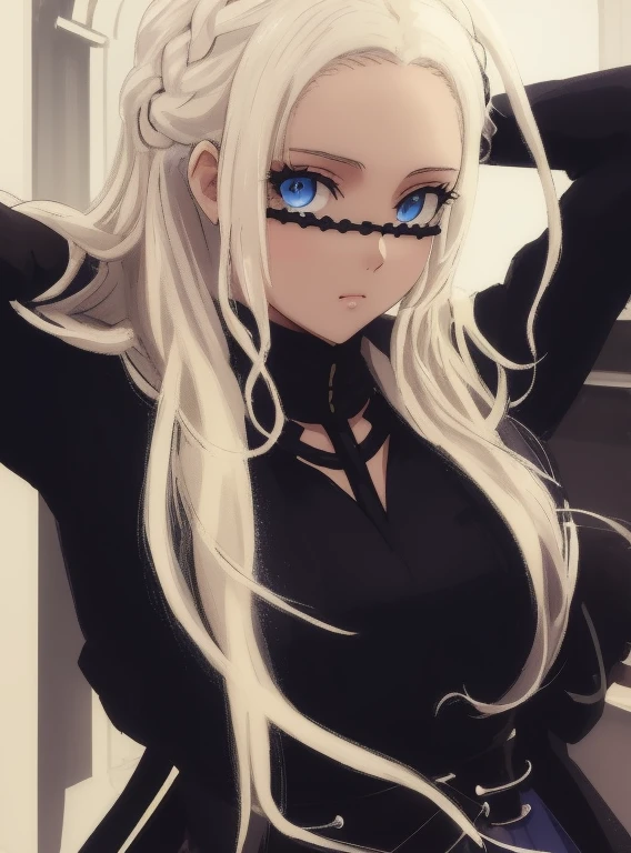 femme blonde avec Redoute blanche et maquillage noir posant pour une photo, cheveux blancs Redoute, Cyber-dreadlocks, Redoute, Cybergoth, beaucoup de dreadlocks sur la tête, ses cheveux sont blancs, avec des yeux hantés et des cheveux fous, Kerli Koov: anime girl, dreadlocks, Regard effrayant, avec de longs cheveux blancs, Ambiance d’horreur gothique