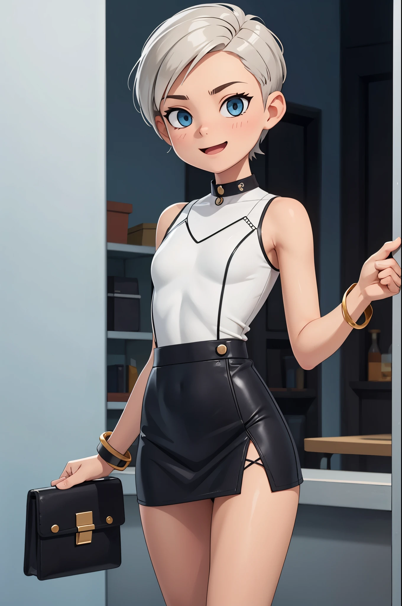 masterpiece, best quality,2girl,young girl, slate_blue eyes, medium blonde, buzz cut,joyful _face,shiny skin,flat chest,, Micro_skirt_white_bodysuit, black_micro_skirt, nude_strappy_sandals, silver_cuff_bracelet, black_leather_clutch, , craft_workshop, looking at viewer,from front,upper body