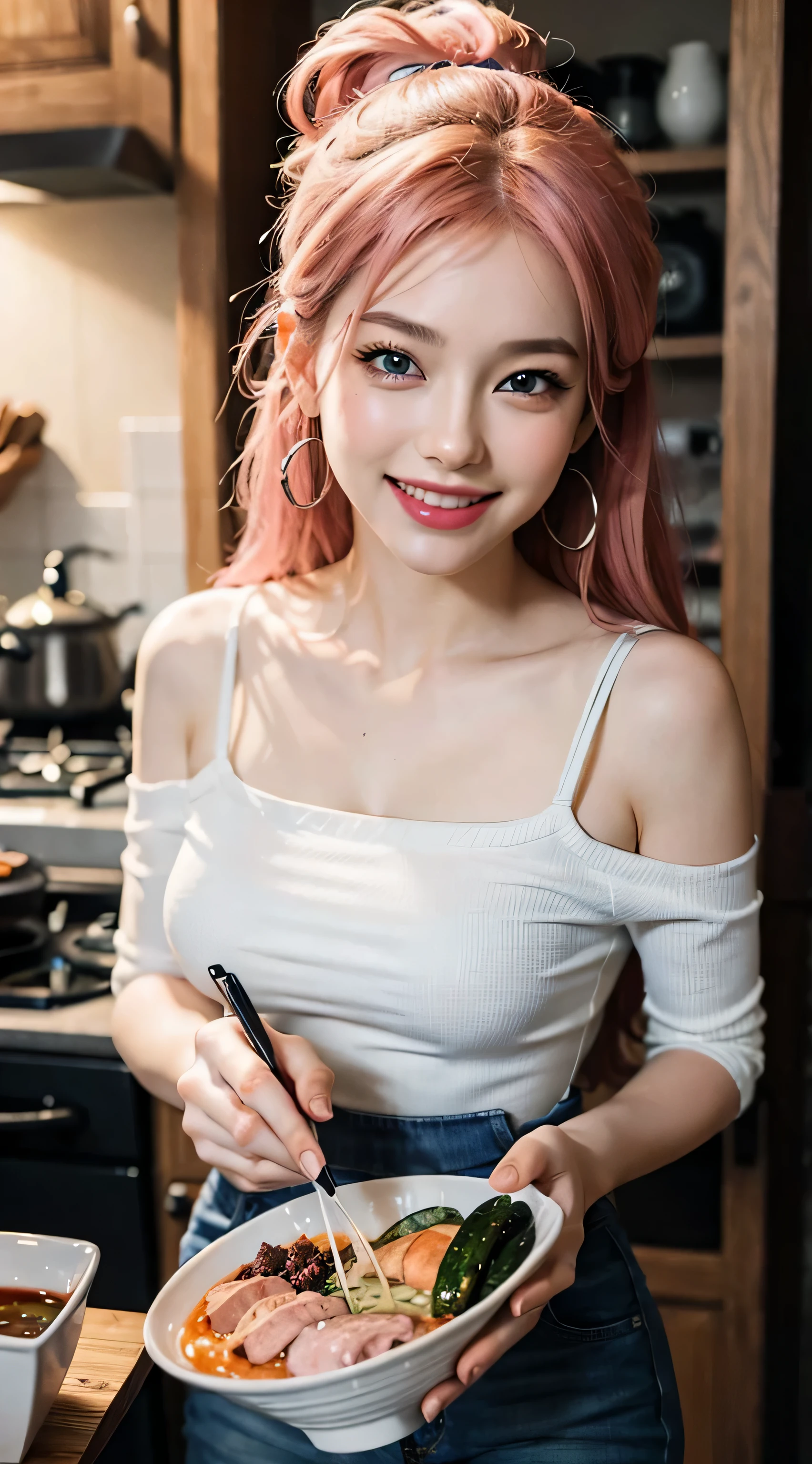 Best quality, ultra high res, (photorealistic:1.4), (detailed beautiful girl:1.4), (medium breasts:0.8), looking_at_viewer, Detailed facial details, beautiful detailed eyes, pink hair, blue eyes, slender, happy smile, (makeup:0.3), red lips, highly detailed clothes, (ulzzang-6500-v1.1:0.3), full body, her name is Azuki. She is cooking in the kitchen, she is eating food, she is biting a cucumber, vegetables, She is cooking delicious food, there is a lot of food in the kitchen, the food looks extremely tasty, she wants to eat all the food, she looks happy, she is a great chef, mukbang, she's the cutes girlfriend, photorealism, 8k