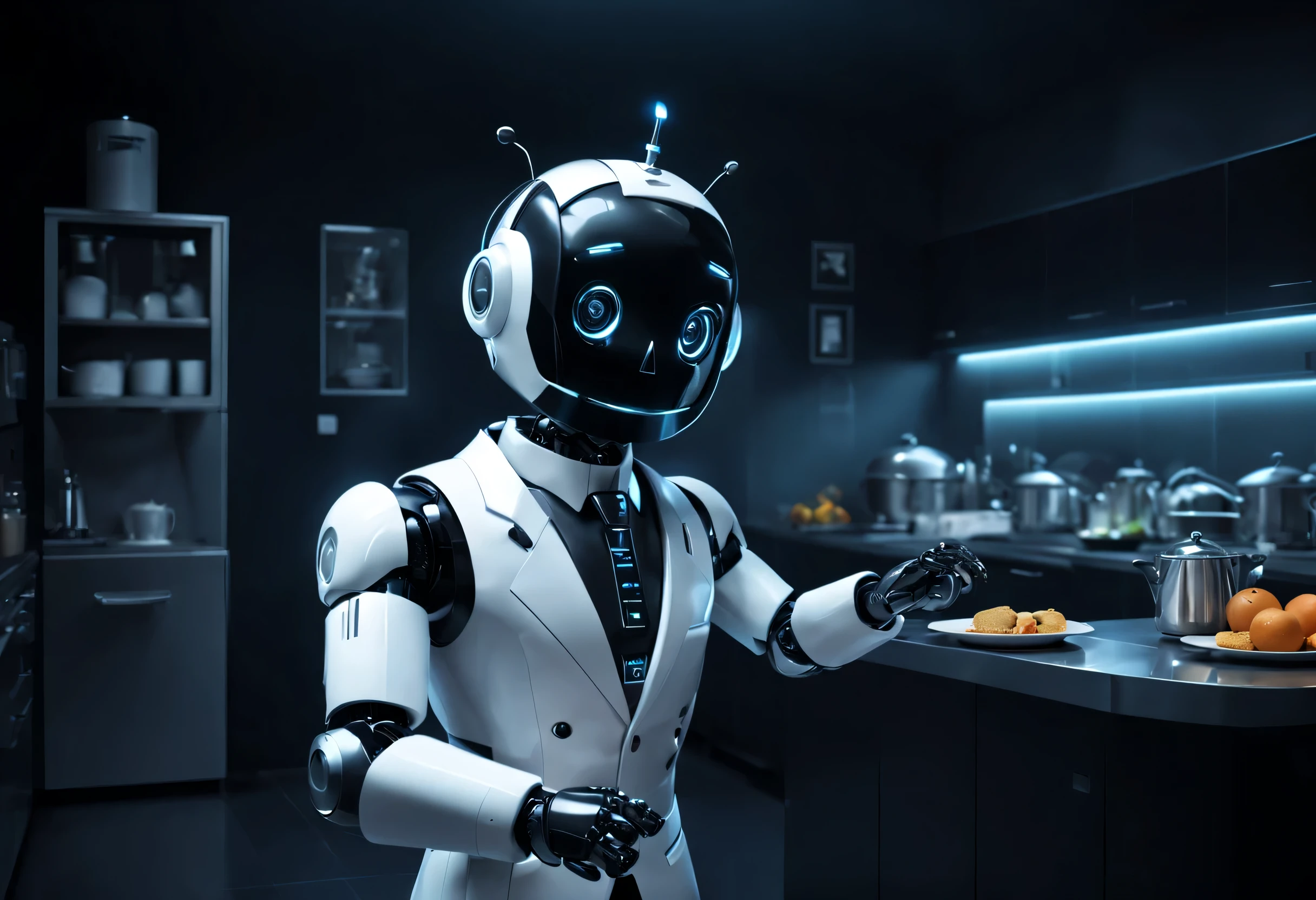 3D, Cartoons, animated cartoon, Robot butler working in the kitchen, approaching darkness），The head is equipped with a high-definition analog face display, Warm and friendly smile, Happy, (Wearing a holographic white butler suit uniform）,Perfect robot future character design, scientific fiction, Black technology, 3D, cyber punk style ,
Background with：There are many holographic people in the banquet hall