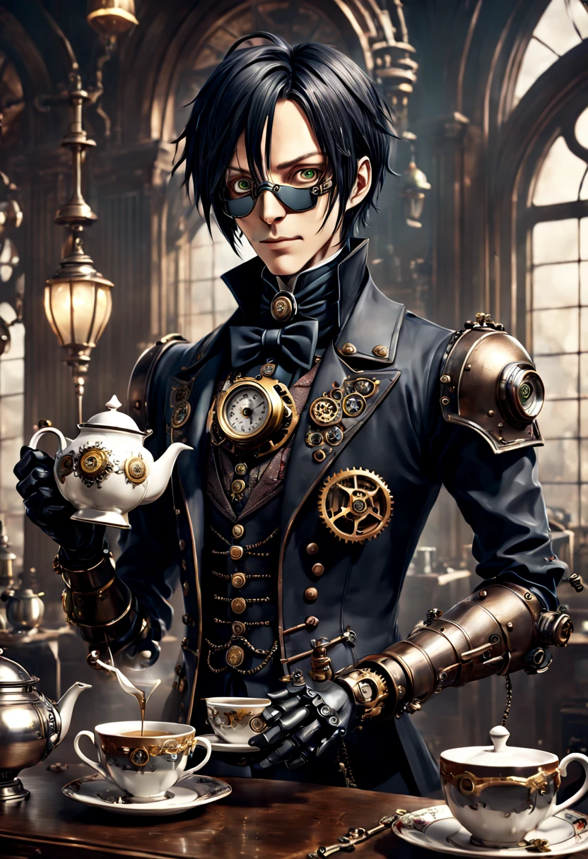 Sebastian from Black Butler as a handsome steampunk robot serving tea, intricate mechanics and elegant gears, photo-realistic. detailed matte painting, deep color, fantastical, intricate detail, splash screen, complementary colors, fantasy concept art, 8k resolution trending on Artstation Unreal Engine 5