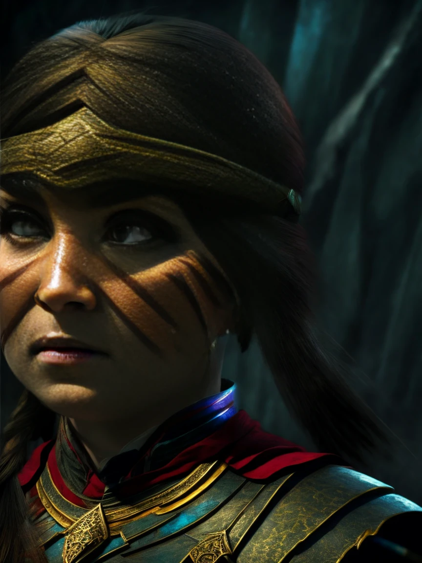 Beautiful female warrior ,villager, dark Gothic, afraid