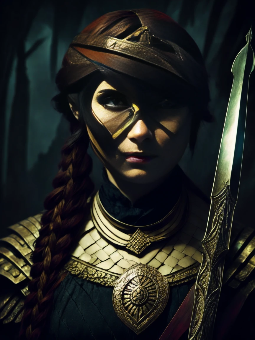 Beautiful female warrior ,villager, dark Gothic, afraid