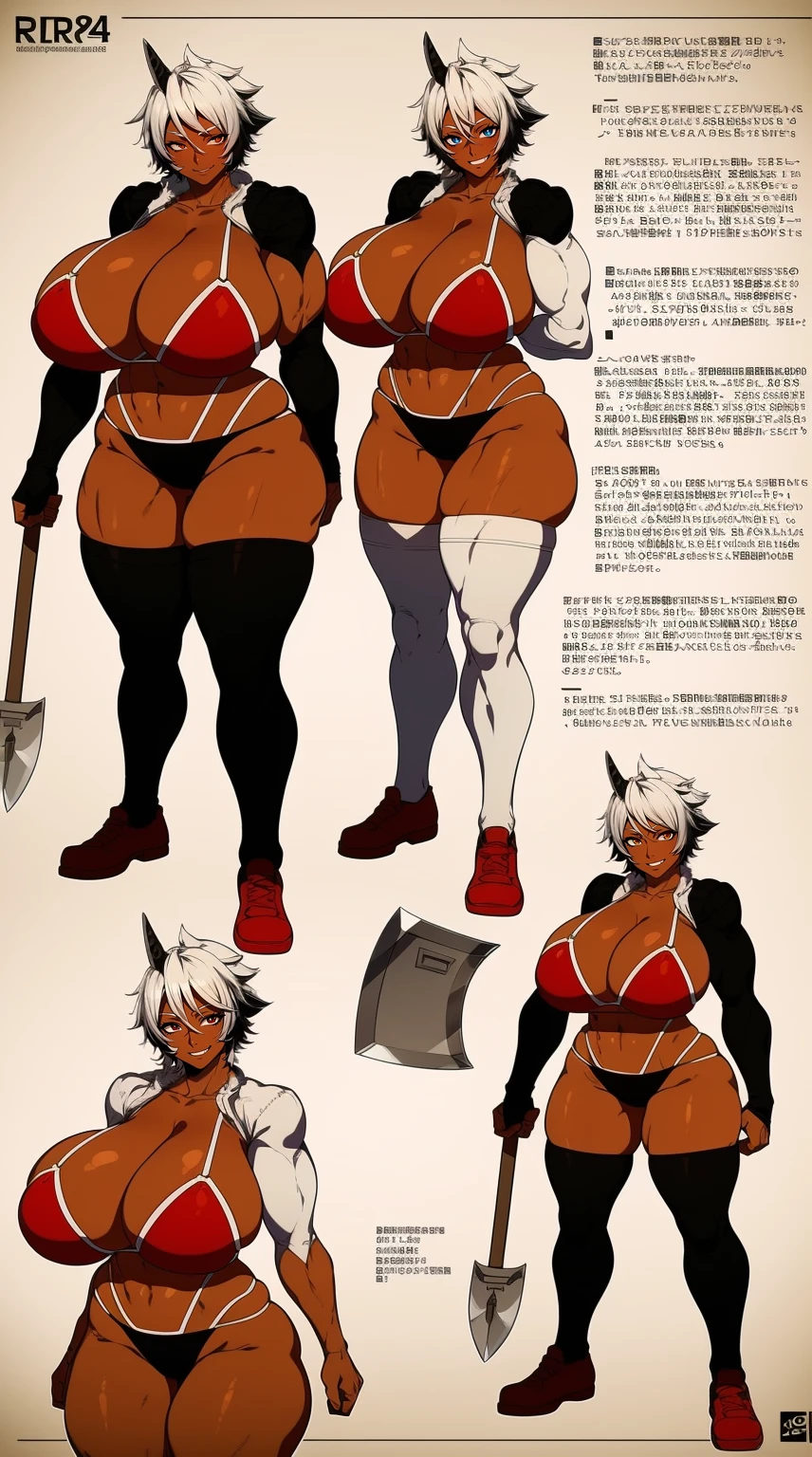 helga, dark-skinned female, short hair, silver hair, huge breasts, muscular female, thick thighs, thick arms, tomboy, holding axe, reflection light, blending, bloom, god rays, ray tracing, Fujicolor, drop shadow, Gothic art, anime, Ghibli-like colours, anime style, UHD, retina, masterpiece, ccurate, anatomically correct, textured skin, super detail, high details, high quality, award winning, best quality, highres, 1080P, HD, 4K, 8k, 16k,standing, warrior pose, axe holding,refsheet, charactersheet, blackbodysuit, smile,skinn covered