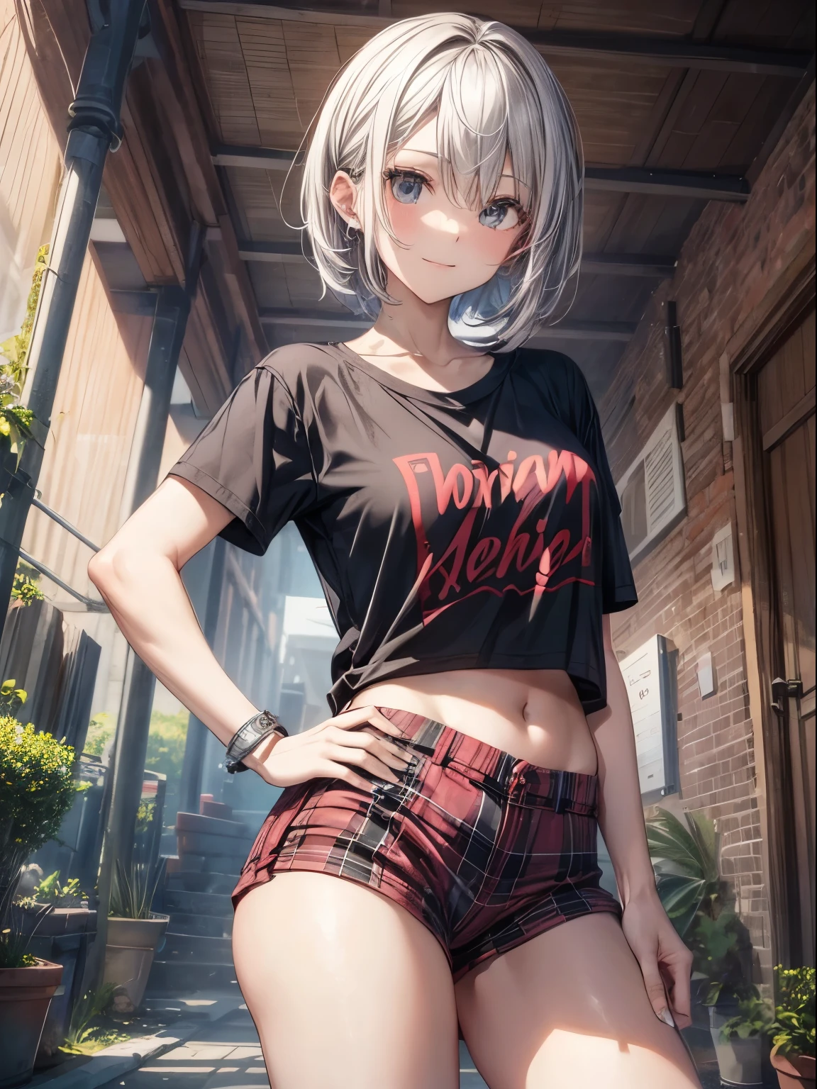 top-quality、Full limbs、complete fingers、Slender beauty、a 25yo woman、(Silver-haired woman)、short-hair、Beautiful Large Breasts、((Black short-sleeved T-shirt))、((red and black plaid shorts))、Black High Socks、A big smile、a park、Dancing