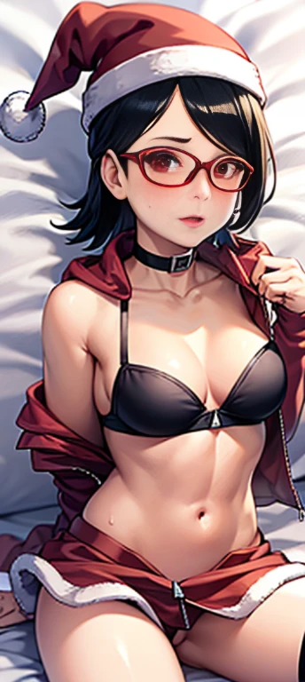 masterpiece, absurdres, 1 age girl, Age 15 old. Sarada\(boruto], black hair, floating hair, shoulder length hair, hair tied in ponytail, Flower ribbon on her hair. wind. masterpiece, absurdres , (intricate details), (colorful),cinematic lighting,bust shot,extremely detailed CG unity 8k wallpaper 1girl, solo, Christmas Hat, Santa style Hood unzipped jacket, Santa style Bra, Santa style Skirt, Santa style Socks. Black heels. Bedroom Background, lying on bed or sleeping position. snow falling. Sarada Attractive looking. athletic Abs detailed, biceps triceps pumped up, body sweat glow, sweat on her body, Slutty Wide hips, (Medium Breast) [Beautiful Curvy butt]. Heart shaped Lips, Painted Lips shine. detailed eyes, blushed, Adorable Facial, looking at viewer. Frameless glasses, choker. Detailed Red eyes