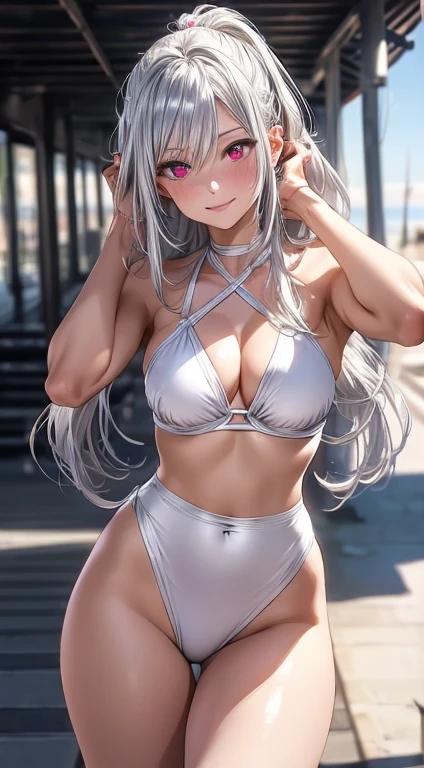 High resolution 8K, Bright light illumination, lens flare, sharpness, masterpiece, top-quality, The ultra - high-definition, high resolution, extremely details CG, Anime style, Film Portrait Photography, 1woman, sexy, arms up, pink-purple tones, sparkling, smile, Beautiful Women, full body, (((Red eyes, Straight hair, pony tail, silver hair, Long hair))), woman wearing cross halter white bikini, High-waist white bikini, Woman in the beach, Blue sky, (Natural skin texture Vibrant details, hyper realistic)