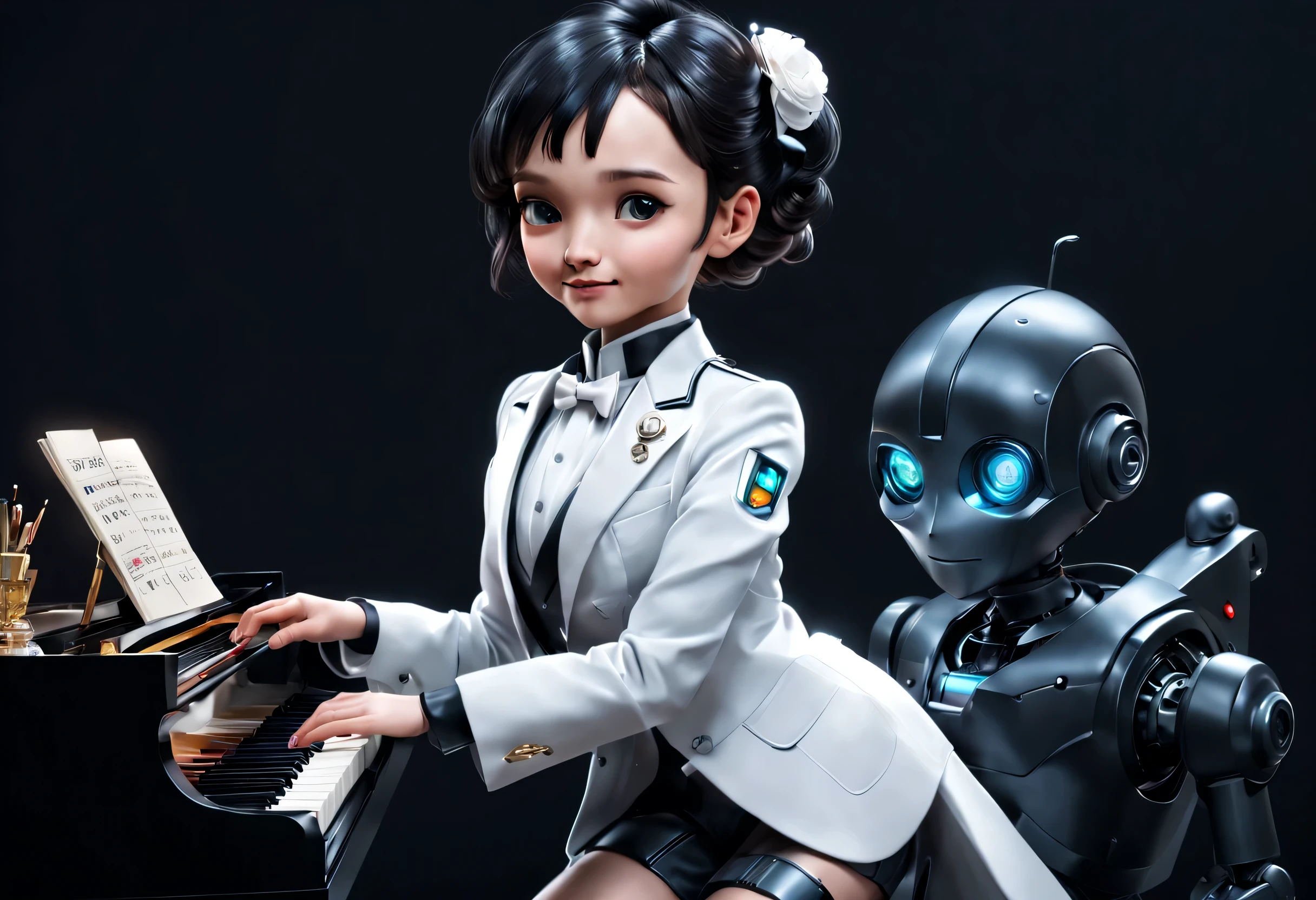 (一个Robot butler和个可爱小女孩一起坐在钢琴前), Happy playing piano,inspired by scientific fiction movies like "Robot butler" Robin Williams, With a warm and friendly smile, Happy (Wearing a holographic white butler suit uniform), Perfect robot future character design, scientific fiction, Black technology, 3D, cyber punk style,
,
