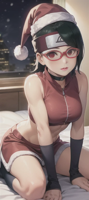 masterpiece, absurdres, 1 teenage girl, Age 15 old. Sarada\(boruto], black hair, floating hair, shoulder length hair, hair tied in ponytail, Flower ribbon on her hair. wind. masterpiece, absurdres , (intricate details), (colorful),cinematic lighting,bust shot,extremely detailed CG unity 8k wallpaper 1girl, solo, Christmas Hat, Santa style Bra, Santa style Skirt, Santa style Socks. Black heels. Bedroom Background, lying on bed or sleeping position. snow falling. Sarada Attractive looking. athletic Abs detailed, biceps triceps pumped up, body sweat glow, sweat on her body, Slutty Wide hips, (Medium Breast) [Beautiful Curvy butt]. Heart shaped Lips, Painted Lips shine. detailed eyes, blushed, Adorable Facial, looking at viewer. Frameless glasses, choker. Detailed Red eyes