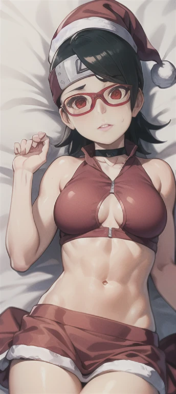 masterpiece, absurdres, 1 age girl, Age 15 old. Sarada\(boruto], black hair, floating hair, shoulder length hair, hair tied in ponytail, Flower ribbon on her hair. wind. masterpiece, absurdres , (intricate details), (colorful),cinematic lighting,bust shot,extremely detailed CG unity 8k wallpaper 1girl, solo, Christmas Hat, Santa style Bra, Santa style Skirt, Santa style Socks. Black heels. Bedroom Background, lying on bed or sleeping position. snow falling. Sarada Attractive looking. athletic Abs detailed, biceps triceps pumped up, body sweat glow, sweat on her body, Slutty Wide hips, (Medium Breast) [Beautiful Curvy butt]. Heart shaped Lips, Painted Lips shine. detailed eyes, blushed, Adorable Facial, looking at viewer. Frameless glasses, choker. Detailed Red eyes
