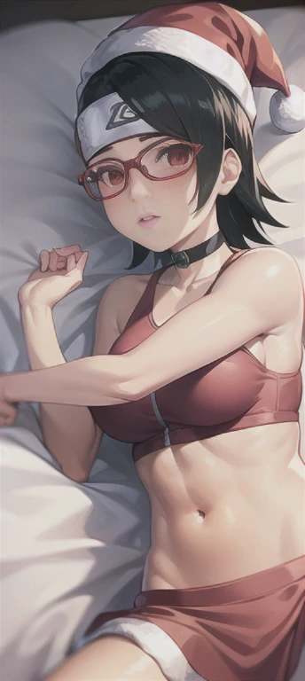 masterpiece, absurdres, 1 teenage girl, Age 15 old. Sarada\(boruto], black hair, floating hair, shoulder length hair, hair tied in ponytail, Flower ribbon on her hair. wind. masterpiece, absurdres , (intricate details), (colorful),cinematic lighting,bust shot,extremely detailed CG unity 8k wallpaper 1girl, solo, Christmas Hat, Santa style Bra, Santa style Skirt, Santa style Socks. Black heels. Bedroom Background, lying on bed or sleeping position. snow falling. Sarada Attractive looking. athletic Abs detailed, biceps triceps pumped up, body sweat glow, sweat on her body, Slutty Wide hips, (Medium Breast) [Beautiful Curvy butt]. Heart shaped Lips, Painted Lips shine. detailed eyes, blushed, Adorable Facial, looking at viewer. Frameless glasses, choker. Detailed Red eyes