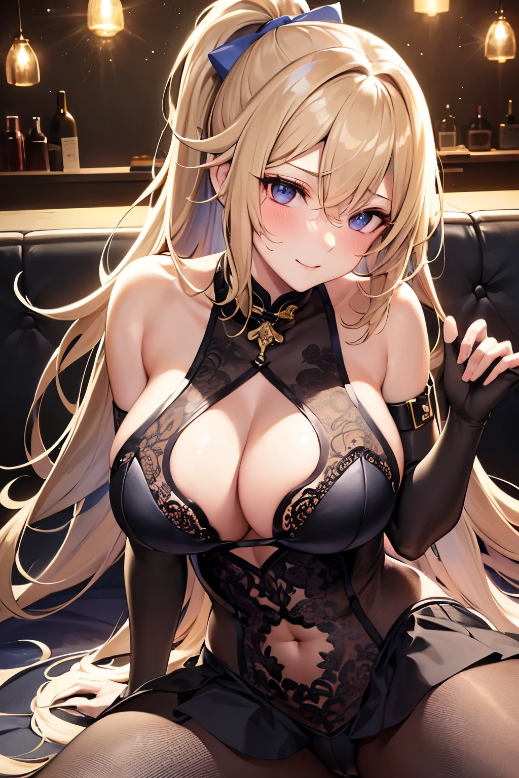 ((mid night, best qualtiy, 8K, tmasterpiece :1.3)), full body Esbian, long legged, Sharp Focus :1.2, Beautiful Women in Perfect Figure :1.4, Slender Abs :1.1, (, gigantic cleavage breasts :1.2), (nighttime scene, teto:1.3)), Highly detailed face and eyes with skin texture, 二重まぶた,(best qualtiy)Meticulous Gaoyagui Lace Gold Skinny Cheongsam Dress Girl,(Background with:Exquisite bar、Alcohol artists from various countries),Sit on the floor of the bar,Spread your legs apart,Wear a noble lace golden skinny cheongsam,Excitation,clean breasts,Protruding lower abdominal muscles,Reveal tight panties,And for《Super》Add a cinematic touch to your scene,(((Super big breasts:K-Cup))),((Blonde curls,Pick dyeing、Colorful)),Tied with a high ponytail,Film lighting completes the overall atmosphere。