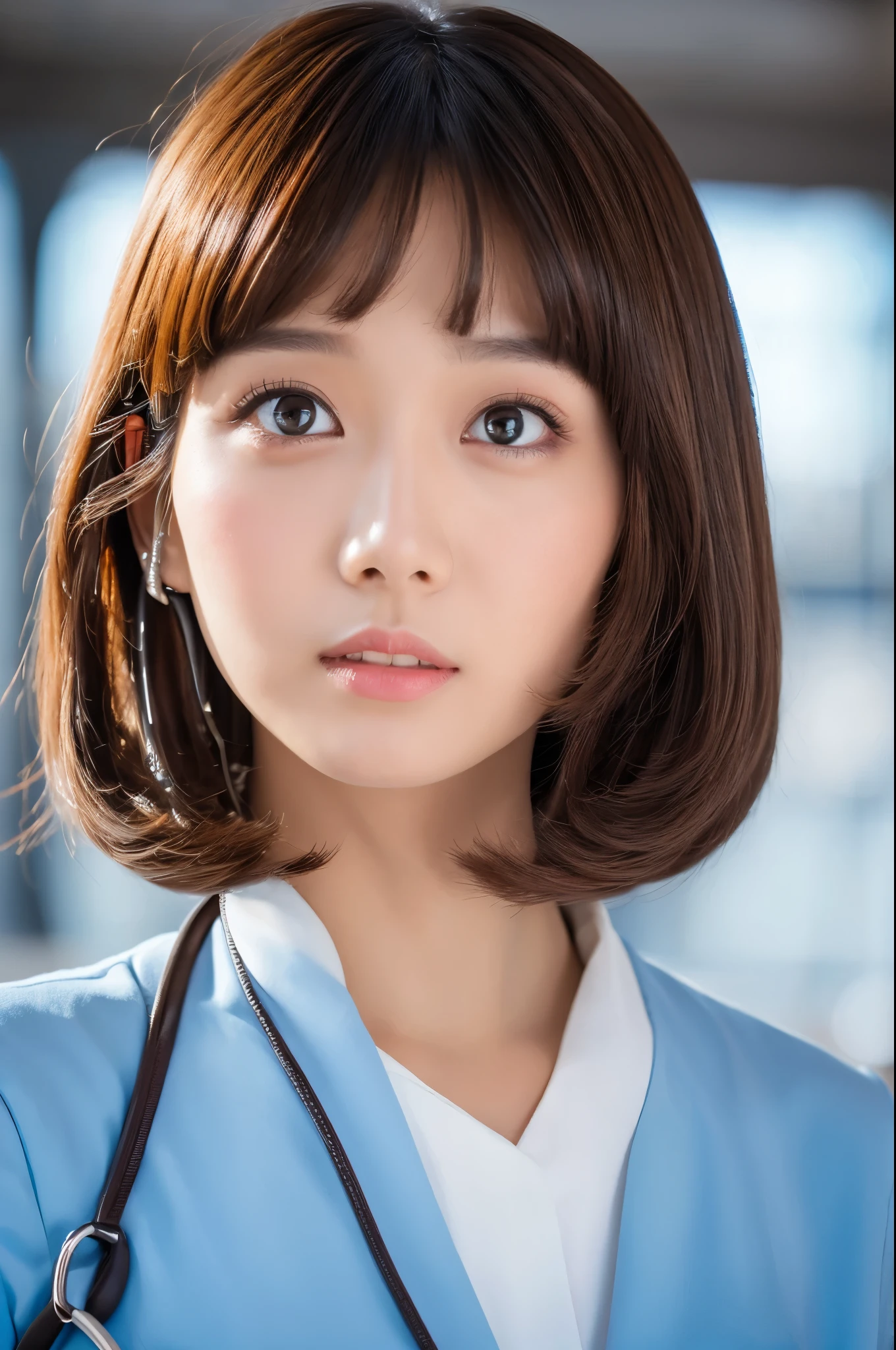 (airport:1), afternoon, (doctor gown:1), bright brown fringe short hair, light brown eyes, 1girl, 20 years old, innocent, (photorealistic), (intricate details:1.2),(masterpiece, :1.3),(best quality:1.4), (ultra highres:1.2), ultra high res, (detailed eyes), (detailed facial features), HDR, 8k resolution, (lens flare:0.7), turn around, busy on examine report, face viewer