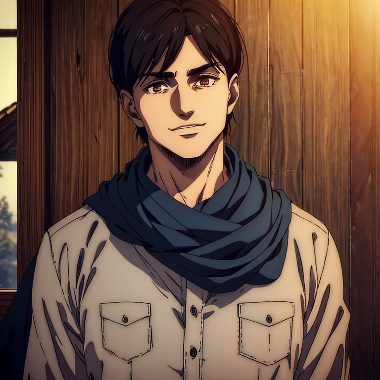 (best quality,realistic:1.37),A male character with (beautiful detailed,brown) eyes and with (beautiful detailed, black) hair in the Mappa art style,(sharp,strong) jawline, wearing a (grey) shirt, (blue) scarf, (wide) smile. Cabin behind.