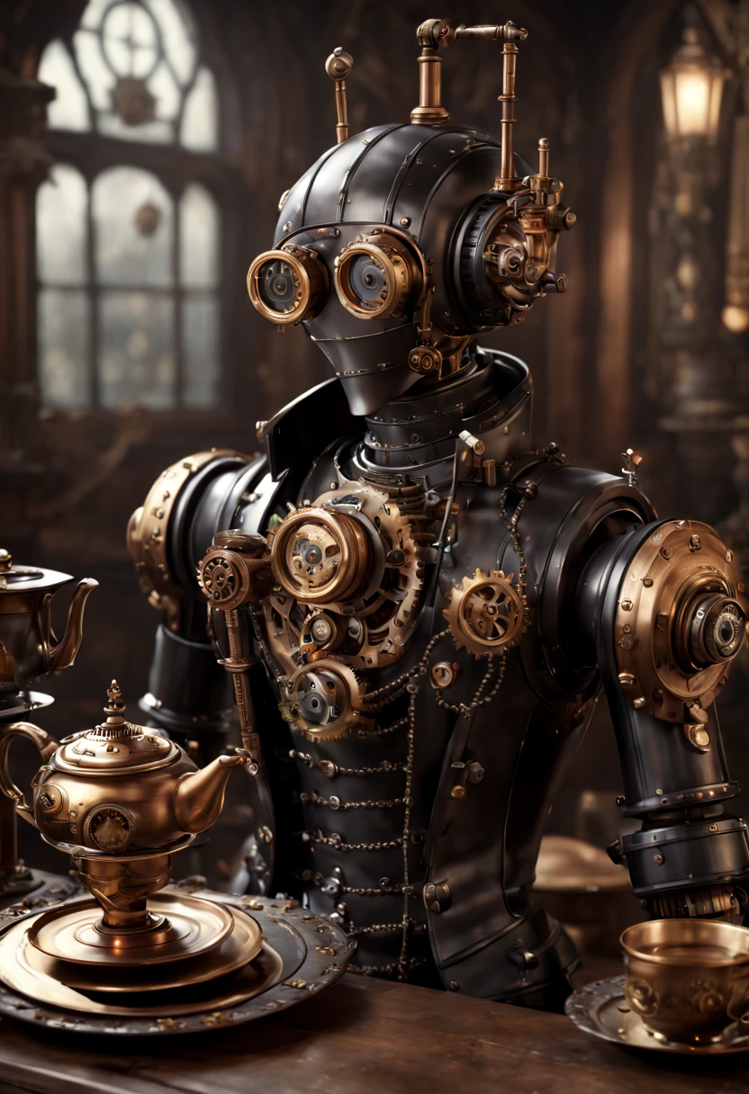 Sebastian from Black Butler as a handsome steampunk robot serving tea, intricate mechanics and elegant gears, photo-realistic. detailed matte painting, deep color, fantastical, intricate detail, splash screen, complementary colors, fantasy concept art, 8k resolution trending on Artstation Unreal Engine 5