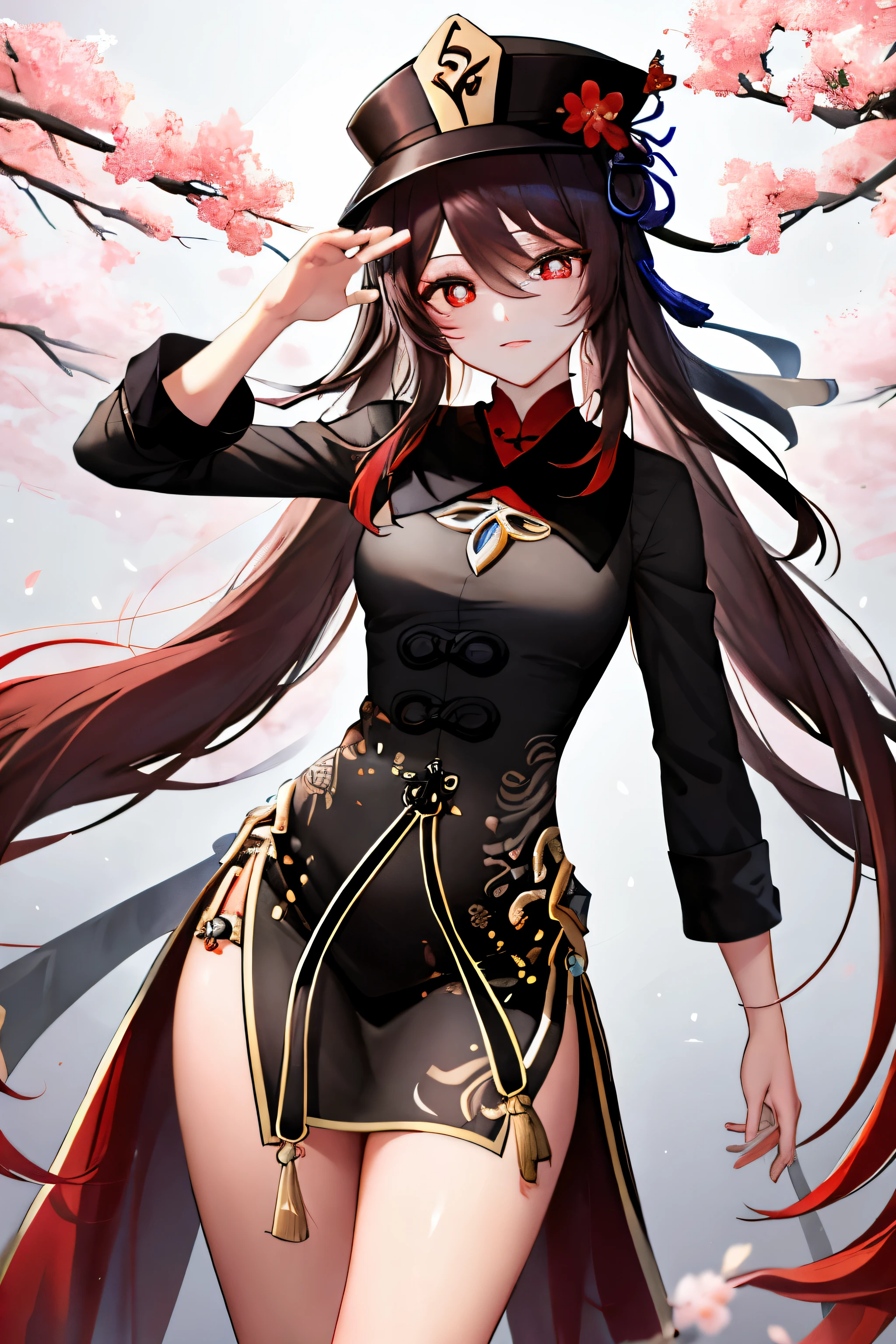 2d, masterpiece, best quality, anime, highly detailed eyes, highly detailed face, highly detailed background, perfect lighting, cowboy shot, feet out of frame, 1girl, solo, standing, hu tao \(genshin impact\), symbol-shaped pupils, flower-shaped pupils, hat, red flower, red eyes, cherry blossoms ,
