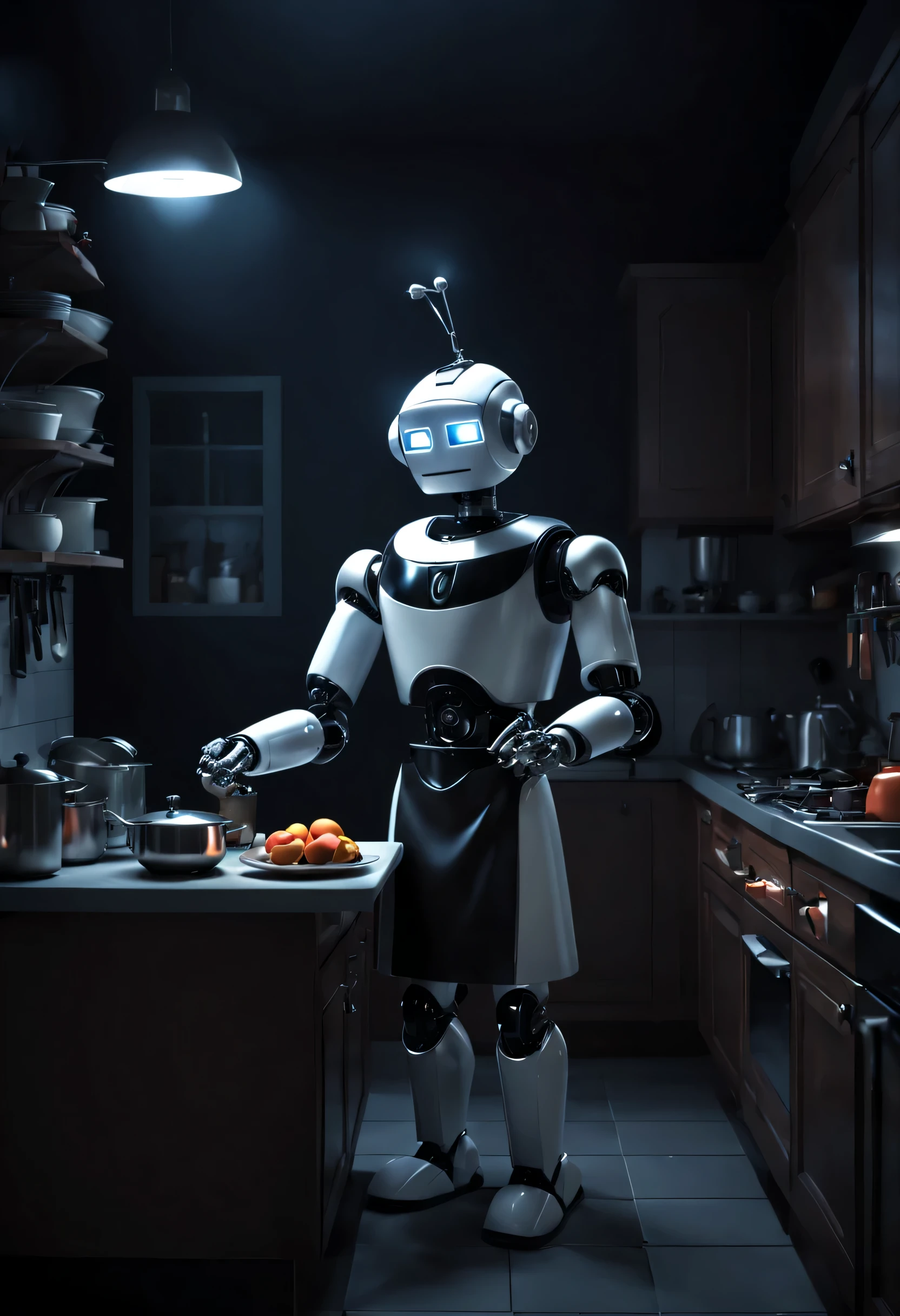 3D, Cartoons, animated cartoon, Robot butler working in the kitchen, It gets dark at night,