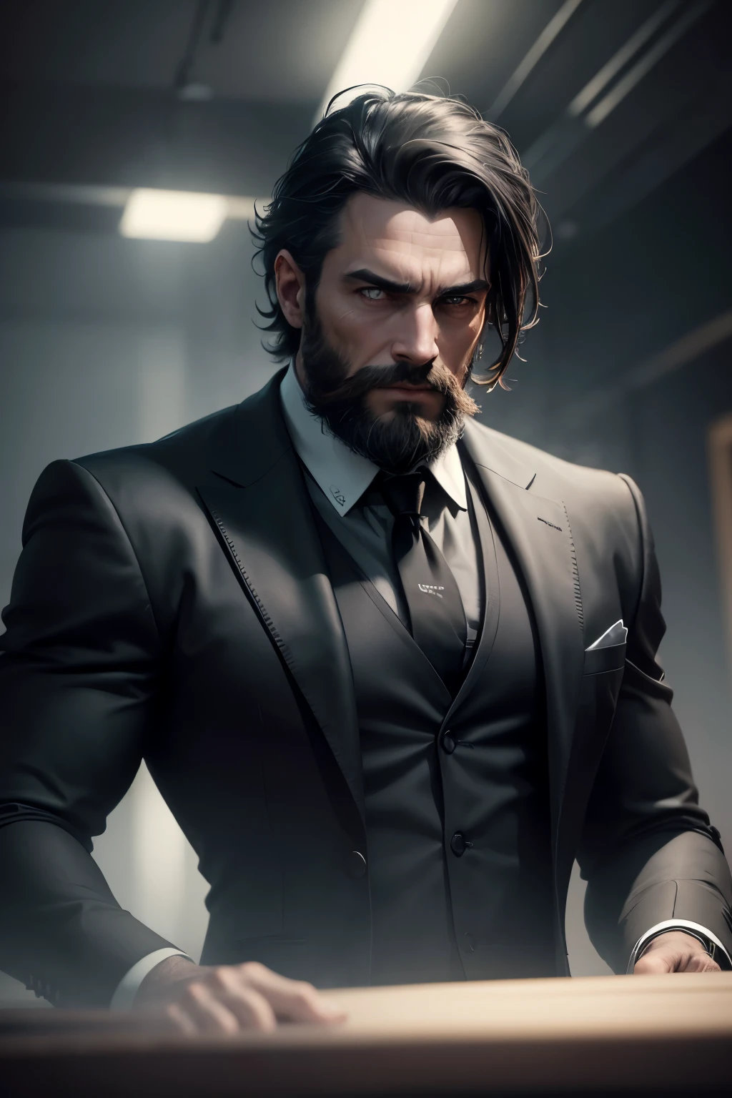 Man with defined body and beard, ((wearing black suit)), Gotham City background at night, photorealistic, photo, masterpiece, realistic, realism, photorealism, high contrast, photorealistic digital art trend on Artstation 8k HD high definition realistic detailed, detailed, skin texture, hyper detailed, realistic skin texture, armor, best quality, ultra high resolution, (photorealistic: 1.4), high resolution, detailed, Raw, sharp photo re, by Lee Jeffries Nikon D850 stock film photography 4 kodak portra 400 camera f1.6 lens rich colors hyper realistic texture dramatic lighting unrealengine trend in artstation cinestill 800,