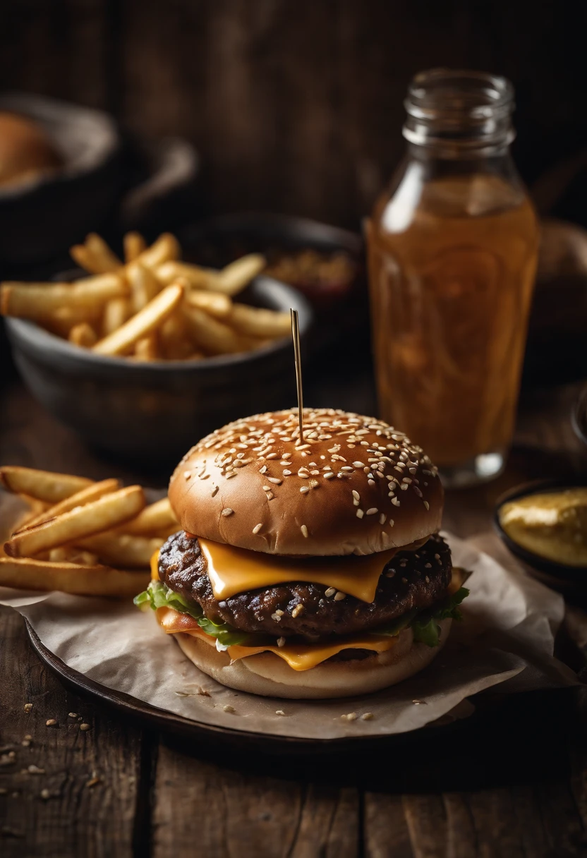 a top-down shot of a cheeseburger on a rustic wooden table, with sesame seeds sprinkled on the bun and a side of crispy golden fries, creating a classic American diner aesthetic