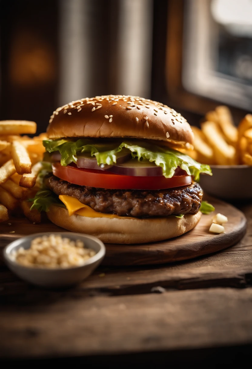 a top-down shot of a cheeseburger on a rustic wooden table, with sesame seeds sprinkled on the bun and a side of crispy golden fries, creating a classic American diner aesthetic