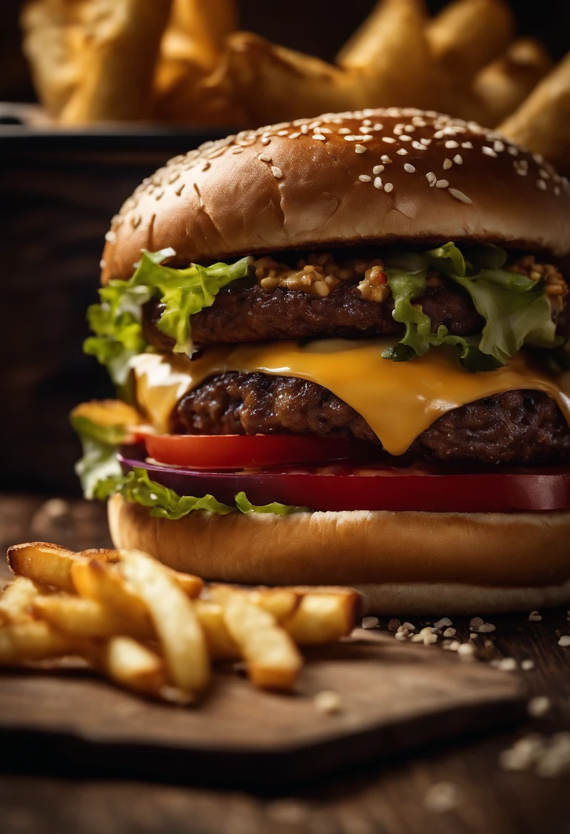 a top-down shot of a cheeseburger on a rustic wooden table, with sesame seeds sprinkled on the bun and a side of crispy golden fries, creating a classic American diner aesthetic