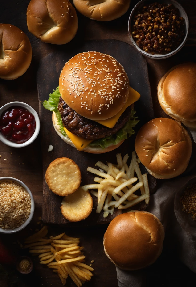 a top-down shot of a cheeseburger on a rustic wooden table, with sesame seeds sprinkled on the bun and a side of crispy golden fries, creating a classic American diner aesthetic