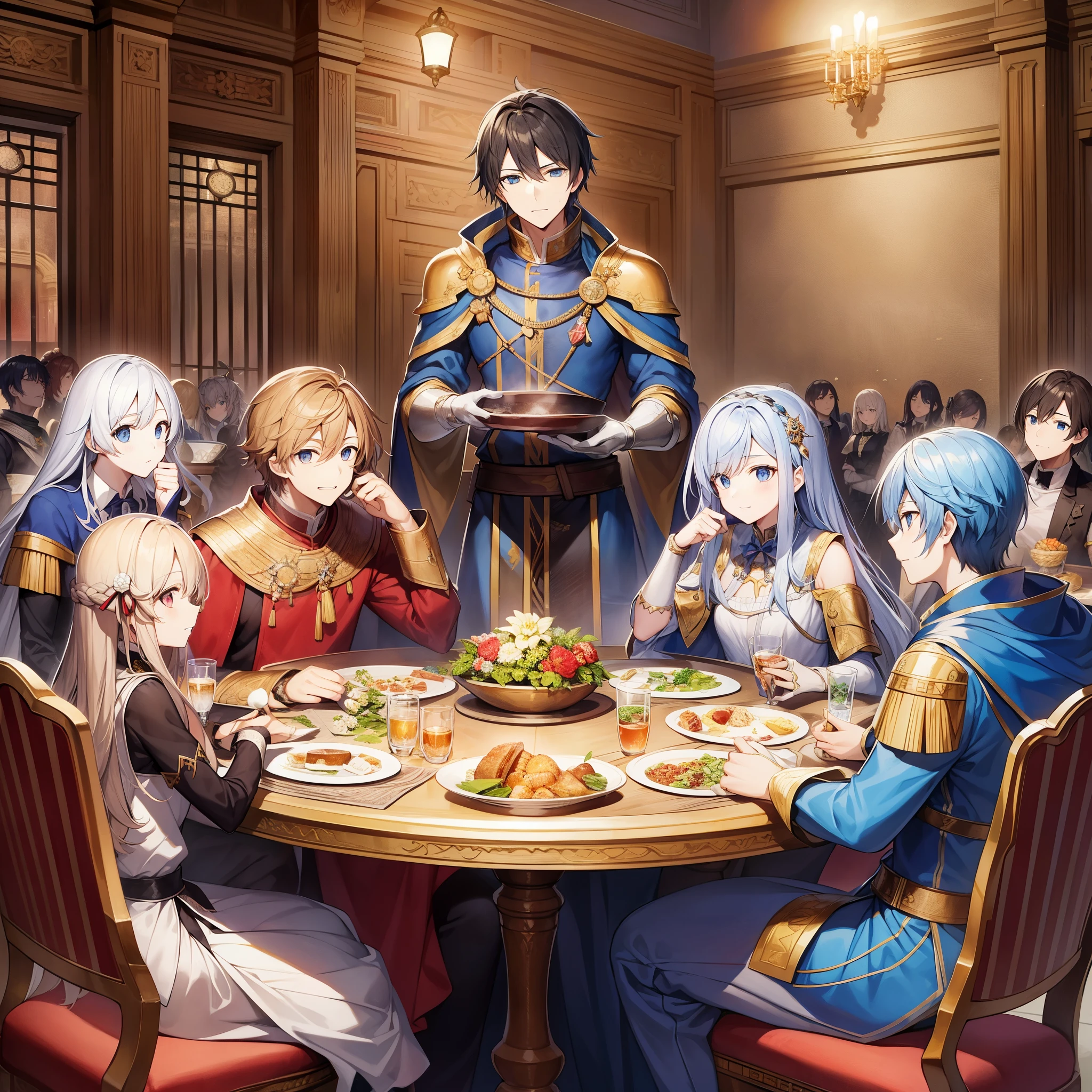 top-quality、Masterpiece、detaileds、Knights of the Round Table（Entaku no Kishi、hero: Knights of the Round Table）What is、In the story of King Arthur, these are the knights who were allowed to sit at the round table that included King Arthur.。Knights of the Round Tableに関するもっとも古い記述はウァースの著作にみられる。

Its name comes from the round table in Camelot&#39;s castle.。A round table with no upper or lower seats was used.、This is based on the idea that everyone around the table is equal.。What you sat on、King Arthur&#39;s relatives and enemy kings with whom he made peace、A foreign king, knight, etc.。Number of seats: 12 to 1,Varies by piece up to 600、Always empty seatsSiege Perilous（hero語版）There is one[1]。新たなKnights of the Round Tableは空席ができたときにのみ迎えられる。He must show more courage and valor than his previous knights.、If you can&#39;t do that, it will be repelled by the magic magician Merlin cast on the round table.。

In one form of the Holy Grail legend、円卓にはイエス・Christと12人の使徒を模して13の席があったとされる。「Christ」Arthur himself sat in one seat, corresponding to、Knights were sitting in the remaining seats, one by one.、Exceptionally, no one was sitting in the 13th seat.。because、この13番目の席はChristを裏切ったイスカリオテのユダの席であるため、The magician Merlin has placed a curse on the seat.、For whoever sits down will be cursed.。Therefore this seat「dangerous seat（Siege Perilous）」It is called、It is said that when the new king puts his foot on it, he screams.、It is believed to be made from the stone of Fal, Ireland.。however、Knights of the Round Tableの一人であるランスロットの息子ガラハッドが呪いを恐れずにこの席に座り、Overcame the curse and became the 12th knight。After he ascended to heaven with the Holy Grail in his hand, the seat was empty again.。