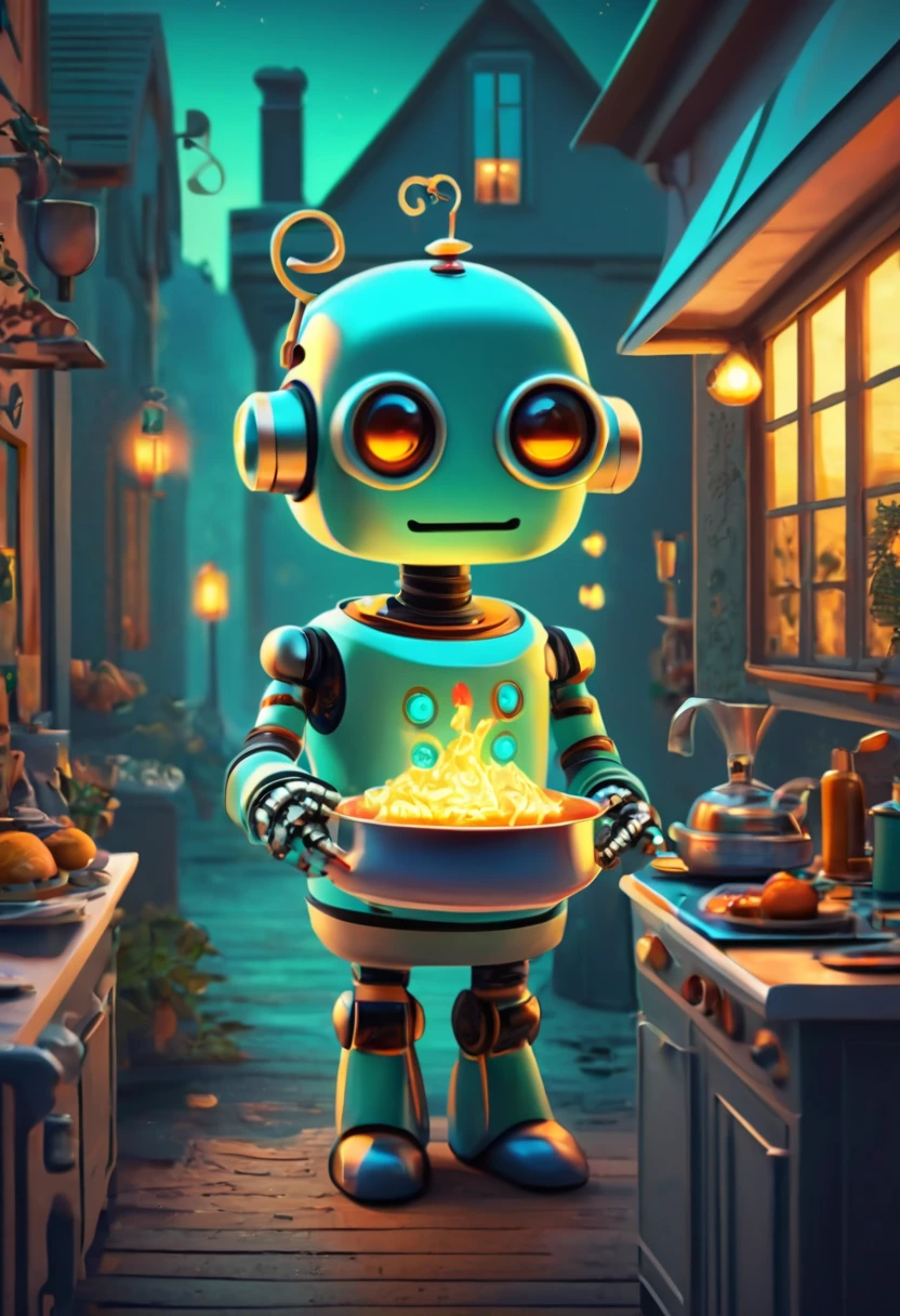 Robot Butler. (best quality,4k,highres:1.2),ultra-detailed,(realistic:1.37),zentangle style Robot Butler cooking for his owners,,ethereal atmosphere,dark shadows,whimsical,neon lights,upbeat energy ,hidden secrets,glimmering reflections,mesmerizing colors,lively and vibrant,mysterious figures,intense intrigue,curiosity piqued,unforgettable moments,secret doorways,elusive mysteries,thrilling adventures,hint of danger,enchanted architecture,wonder-filled alleyways,magical encounters,unfolding stories,spellbinding moments,bewitching journey,nighttime allure,fantasy unleashed.