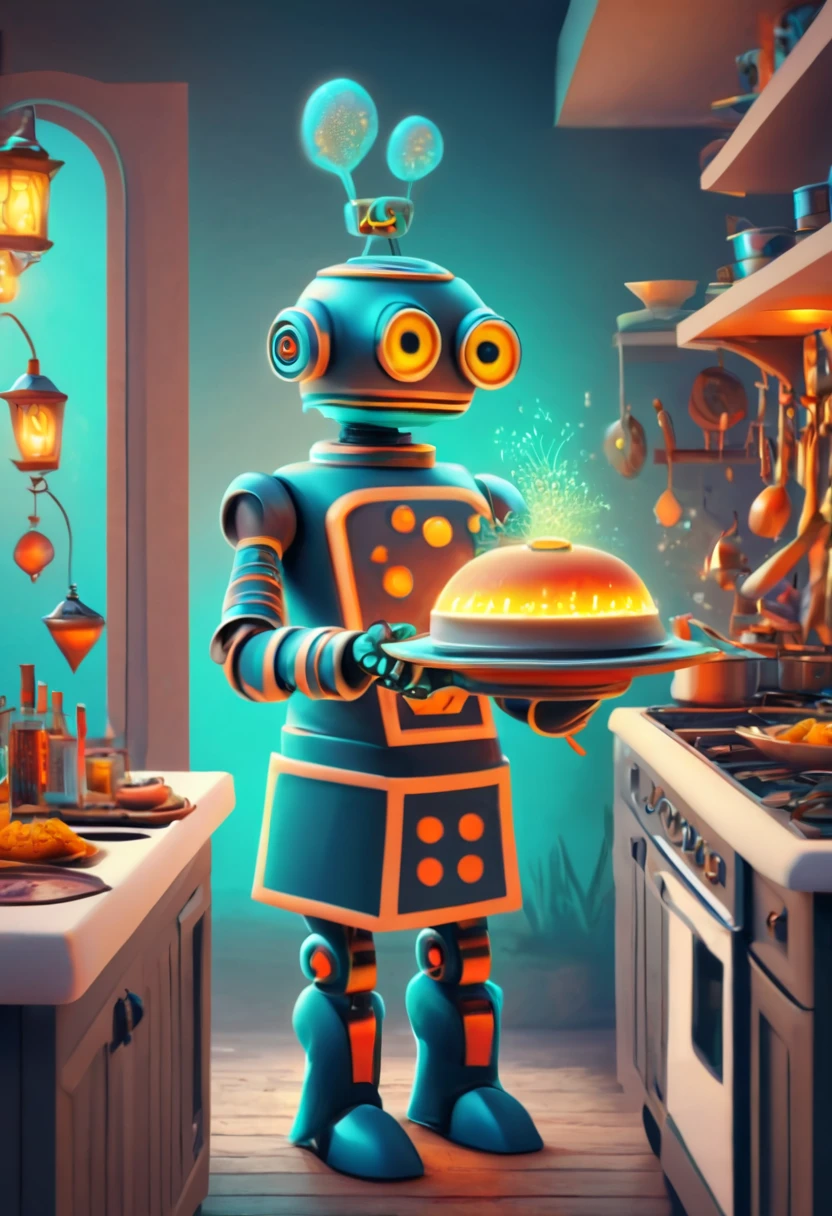 Robot Butler. (best quality,4k,highres:1.2),ultra-detailed,(realistic:1.37),zentangle style Robot Butler cooking for his owners,,ethereal atmosphere,dark shadows,whimsical,neon lights,upbeat energy ,hidden secrets,glimmering reflections,mesmerizing colors,lively and vibrant,mysterious figures,intense intrigue,curiosity piqued,unforgettable moments,secret doorways,elusive mysteries,thrilling adventures,hint of danger,enchanted architecture,wonder-filled alleyways,magical encounters,unfolding stories,spellbinding moments,bewitching journey,nighttime allure,fantasy unleashed.