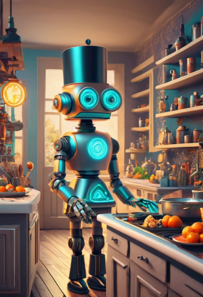 Robot Butler. (best quality,4k,highres:1.2),ultra-detailed,(realistic:1.37),zentangle style Robot Butler cooking for his owners,,ethereal atmosphere,dark shadows,whimsical,neon lights,upbeat energy ,hidden secrets,glimmering reflections,mesmerizing colors,lively and vibrant,mysterious figures,intense intrigue,curiosity piqued,unforgettable moments,secret doorways,elusive mysteries,thrilling adventures,hint of danger,enchanted architecture,wonder-filled alleyways,magical encounters,unfolding stories,spellbinding moments,bewitching journey,nighttime allure,fantasy unleashed.