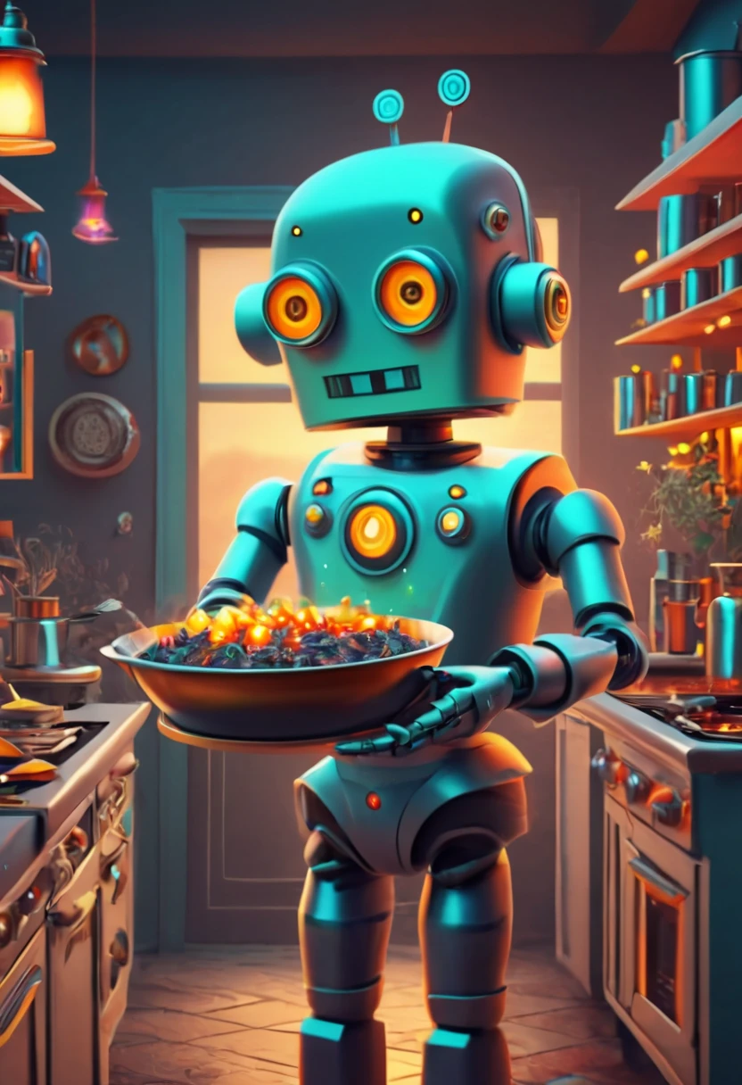 Robot Butler. (best quality,4k,highres:1.2),ultra-detailed,(realistic:1.37),zentangle style Robot Butler cooking for his owners,,ethereal atmosphere,dark shadows,whimsical,neon lights,upbeat energy ,hidden secrets,glimmering reflections,mesmerizing colors,lively and vibrant,mysterious figures,intense intrigue,curiosity piqued,unforgettable moments,secret doorways,elusive mysteries,thrilling adventures,hint of danger,enchanted architecture,wonder-filled alleyways,magical encounters,unfolding stories,spellbinding moments,bewitching journey,nighttime allure,fantasy unleashed.